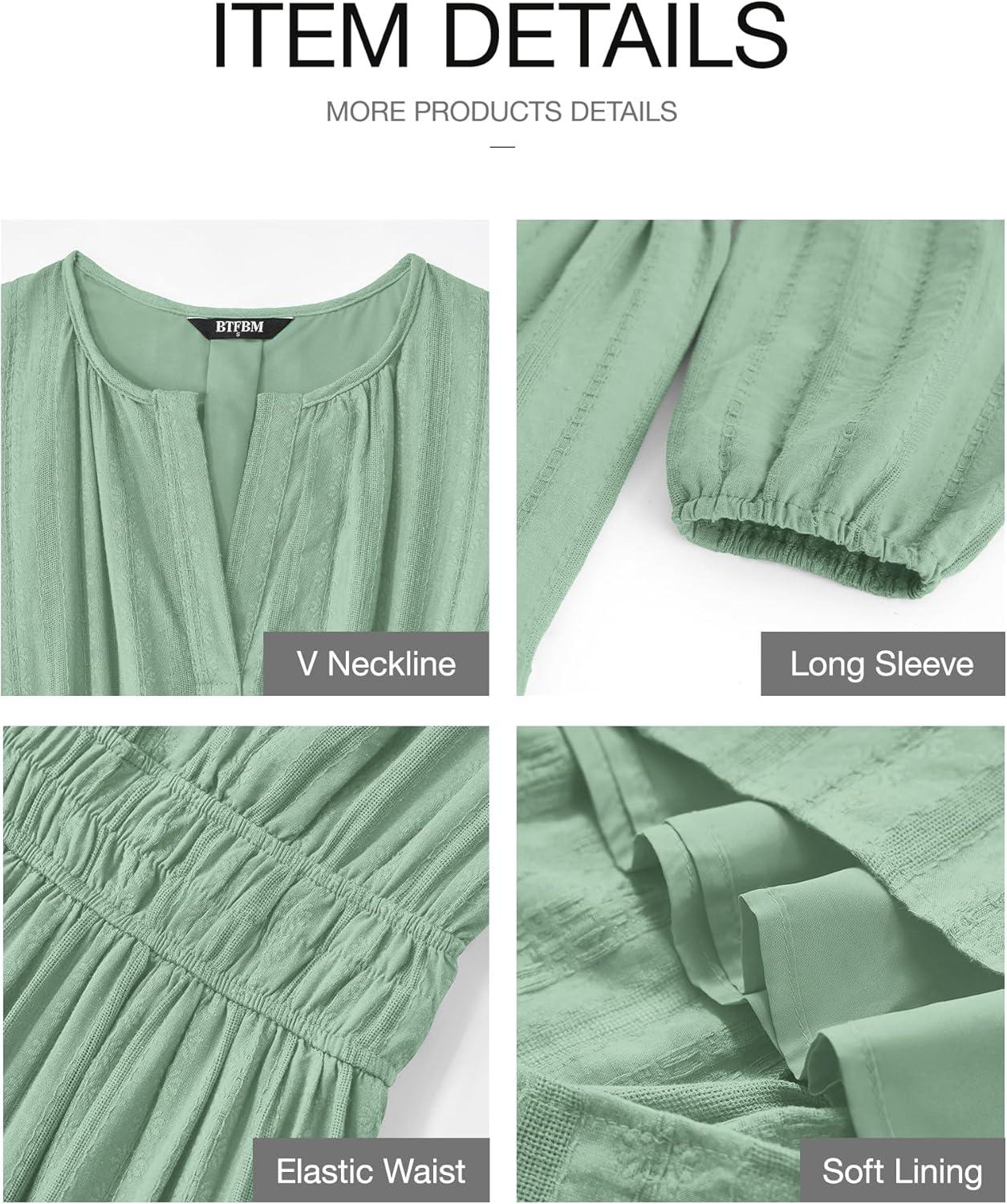 imageBTFBM Spring Dresses for Women 2026 Casual Long Sleeve V Neck Elastic Waist Lightweight Maxi Wedding Guest Dress PocketsSage Green