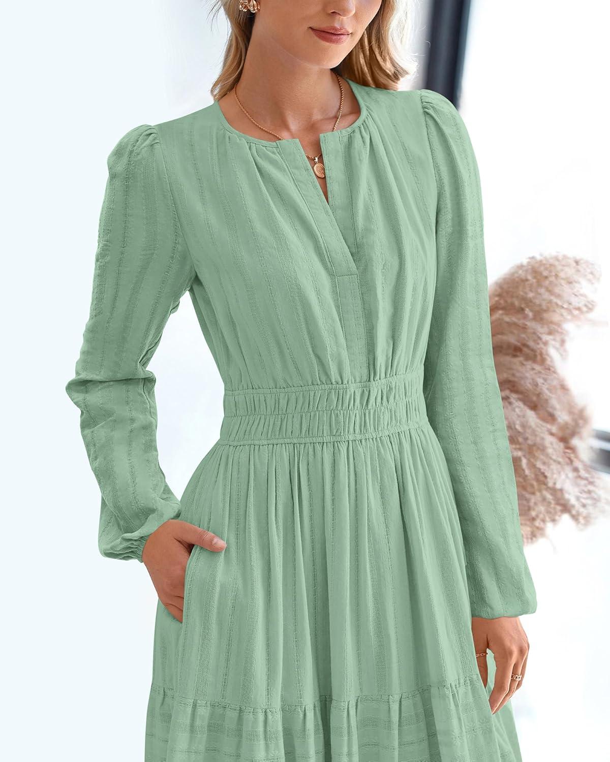 imageBTFBM Spring Dresses for Women 2026 Casual Long Sleeve V Neck Elastic Waist Lightweight Maxi Wedding Guest Dress PocketsSage Green