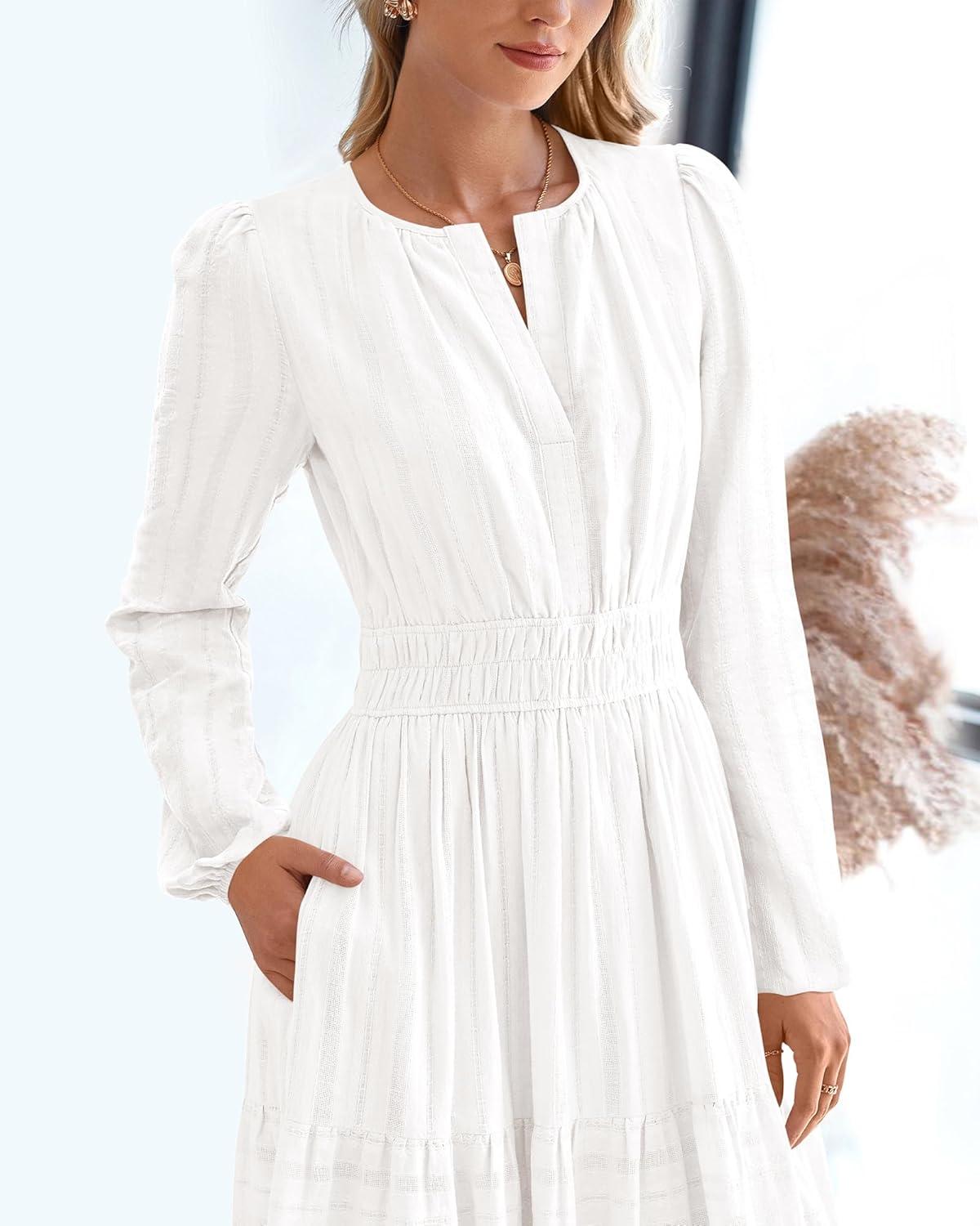imageBTFBM Spring Dresses for Women 2026 Casual Long Sleeve V Neck Elastic Waist Lightweight Maxi Wedding Guest Dress PocketsWhite