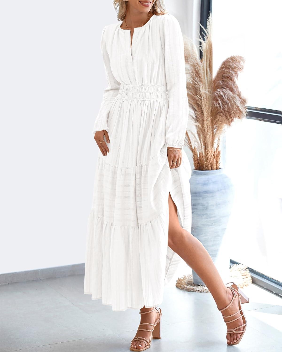 imageBTFBM Spring Dresses for Women 2026 Casual Long Sleeve V Neck Elastic Waist Lightweight Maxi Wedding Guest Dress PocketsWhite