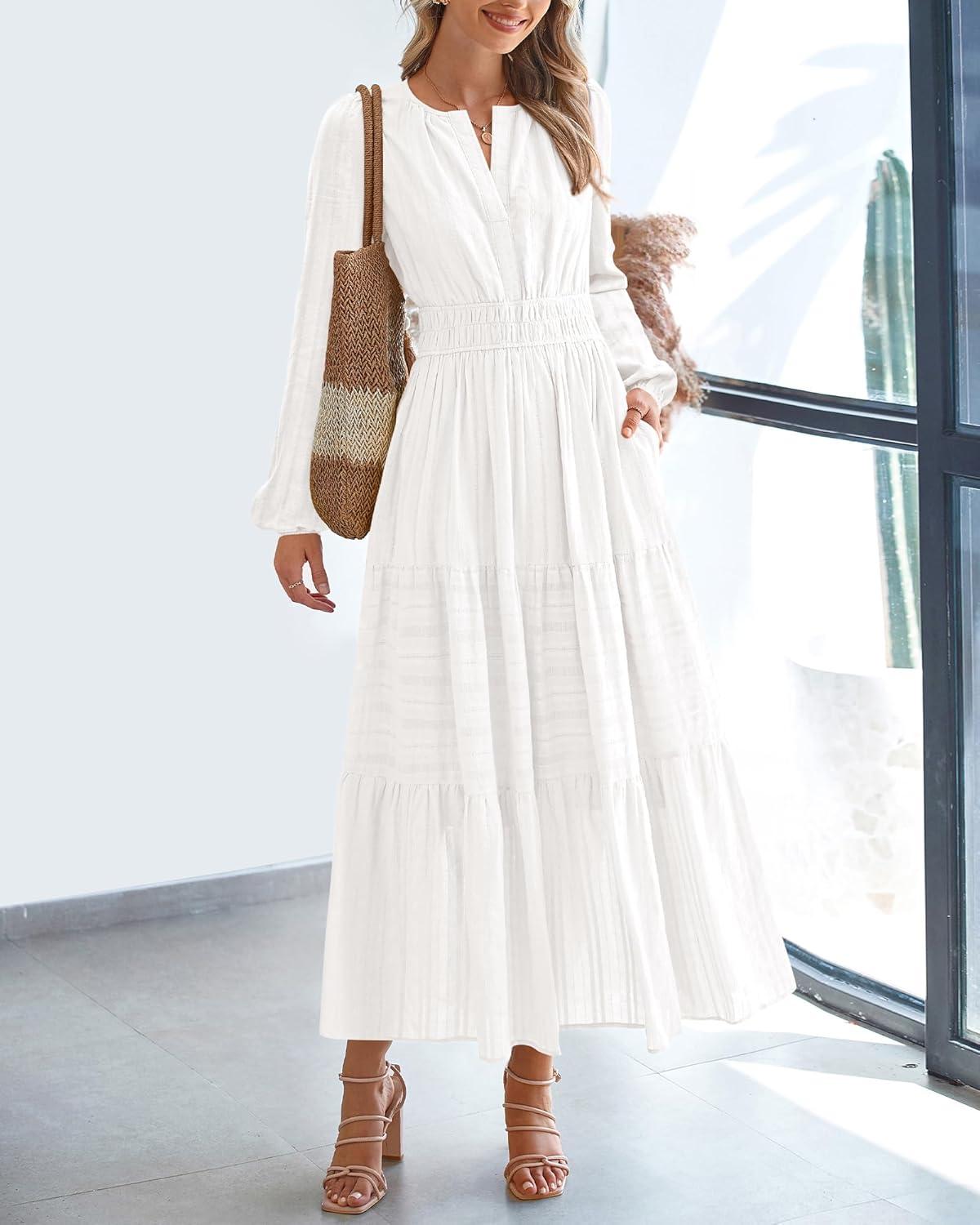 imageBTFBM Spring Dresses for Women 2026 Casual Long Sleeve V Neck Elastic Waist Lightweight Maxi Wedding Guest Dress PocketsWhite