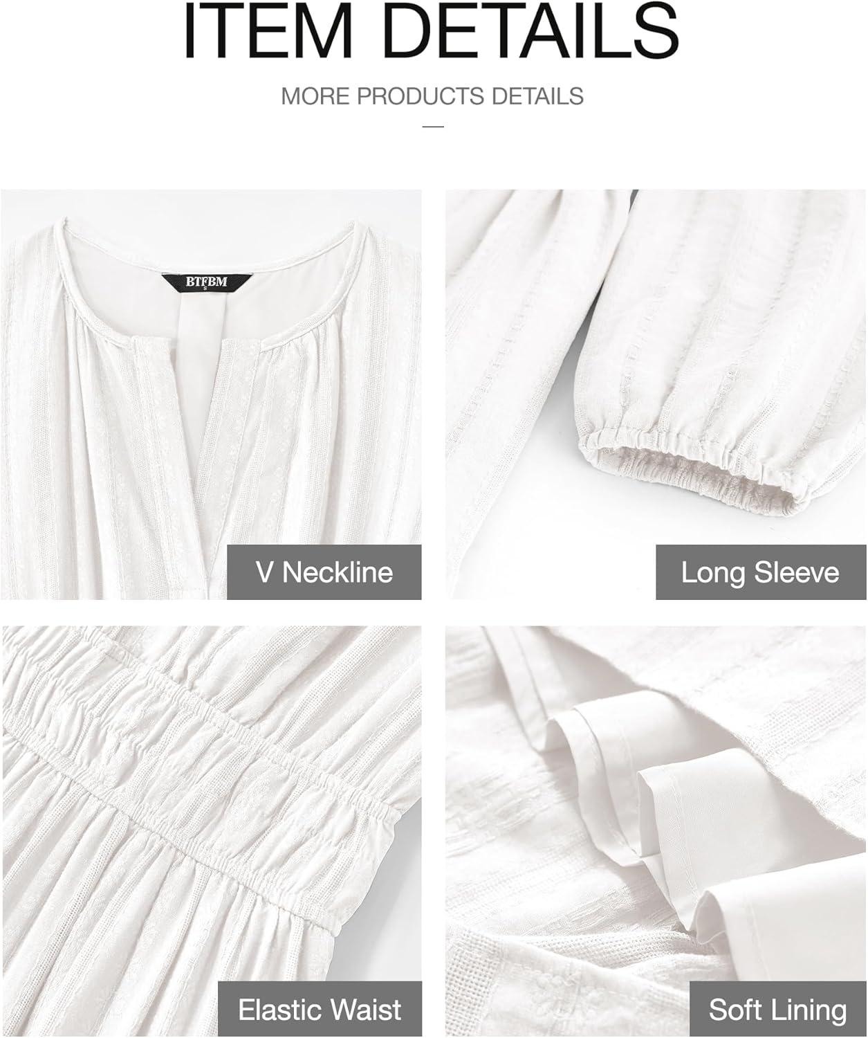 imageBTFBM Spring Dresses for Women 2026 Casual Long Sleeve V Neck Elastic Waist Lightweight Maxi Wedding Guest Dress PocketsWhite