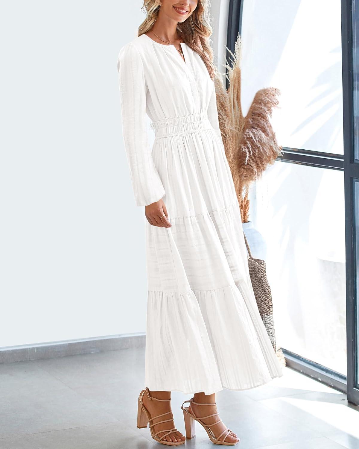 imageBTFBM Spring Dresses for Women 2026 Casual Long Sleeve V Neck Elastic Waist Lightweight Maxi Wedding Guest Dress PocketsWhite