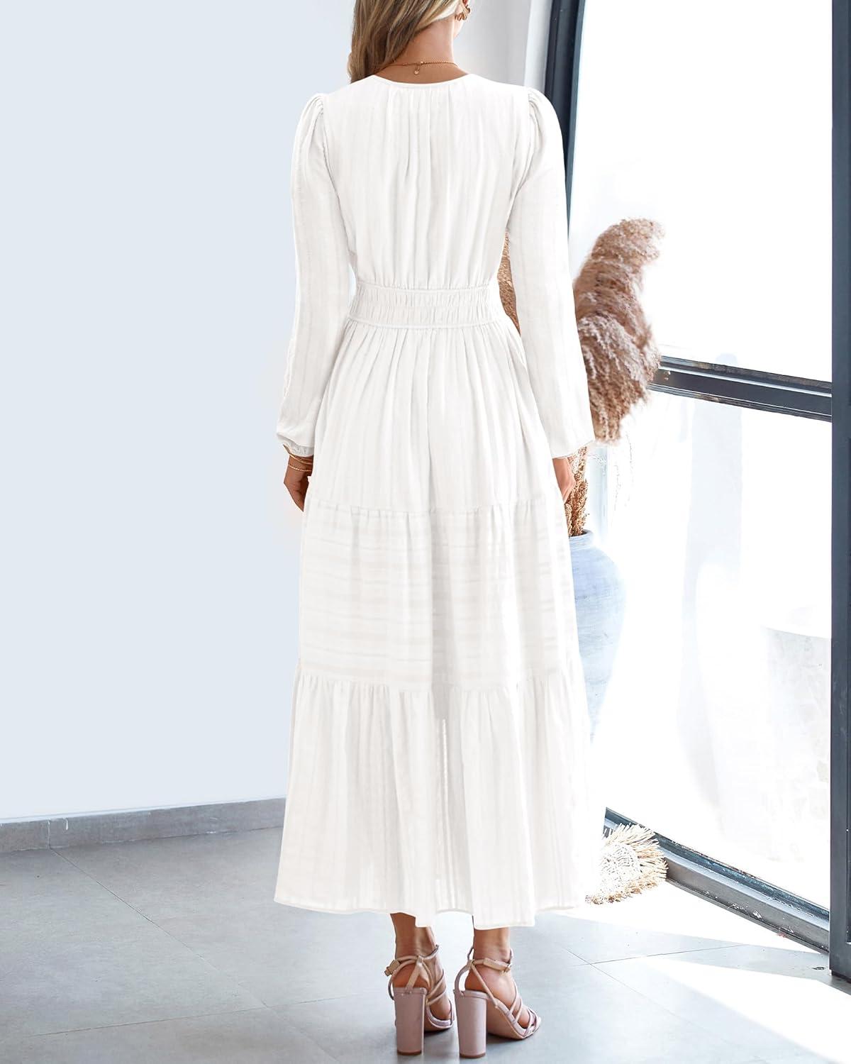 imageBTFBM Spring Dresses for Women 2026 Casual Long Sleeve V Neck Elastic Waist Lightweight Maxi Wedding Guest Dress PocketsWhite