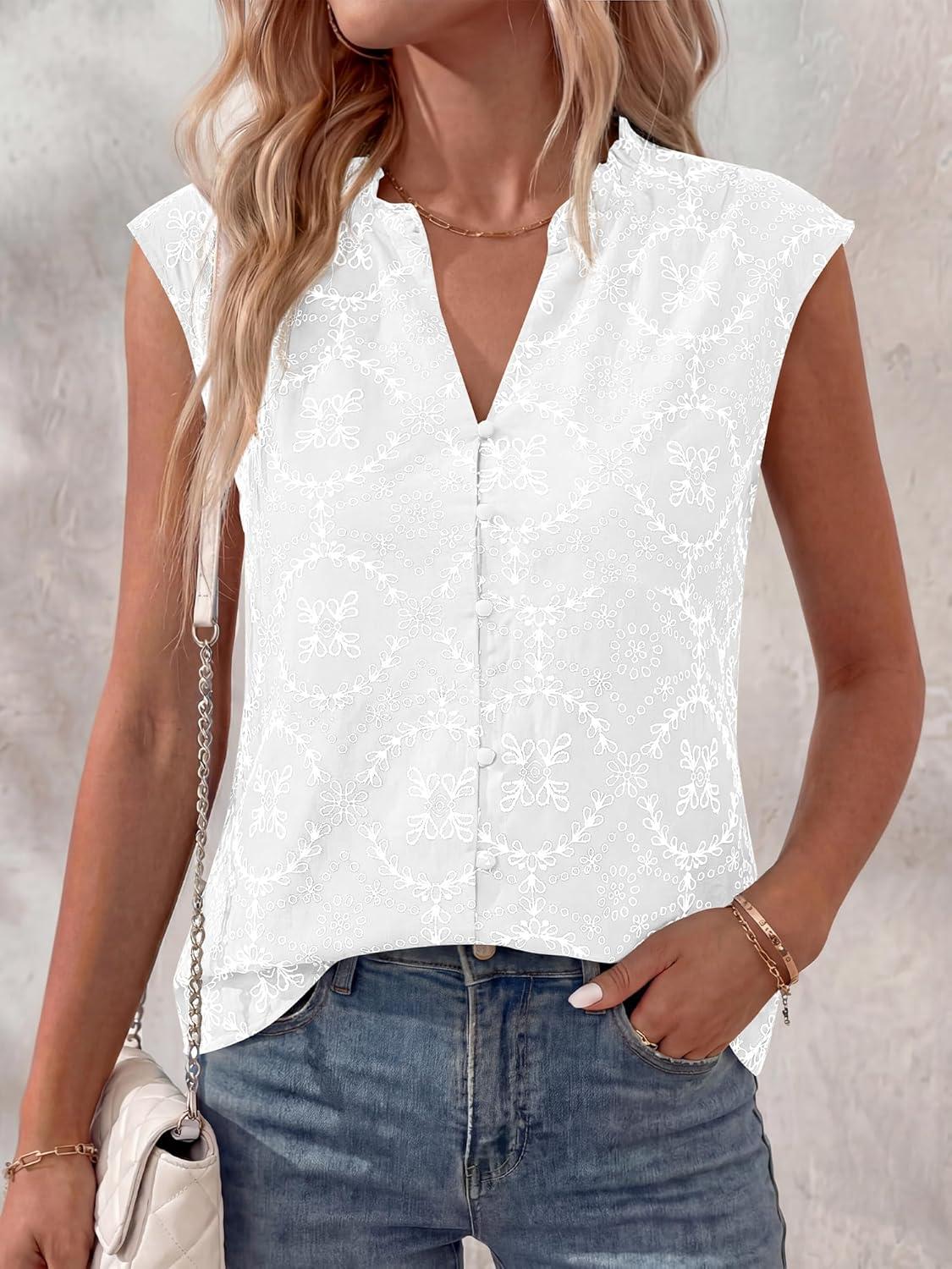 imageBTFBM Womens Summer Tops Dressy Casual 2026 Floral Sleeveless Button Down Shirts Boho Tank Top Beach Vacation ClothesWhite