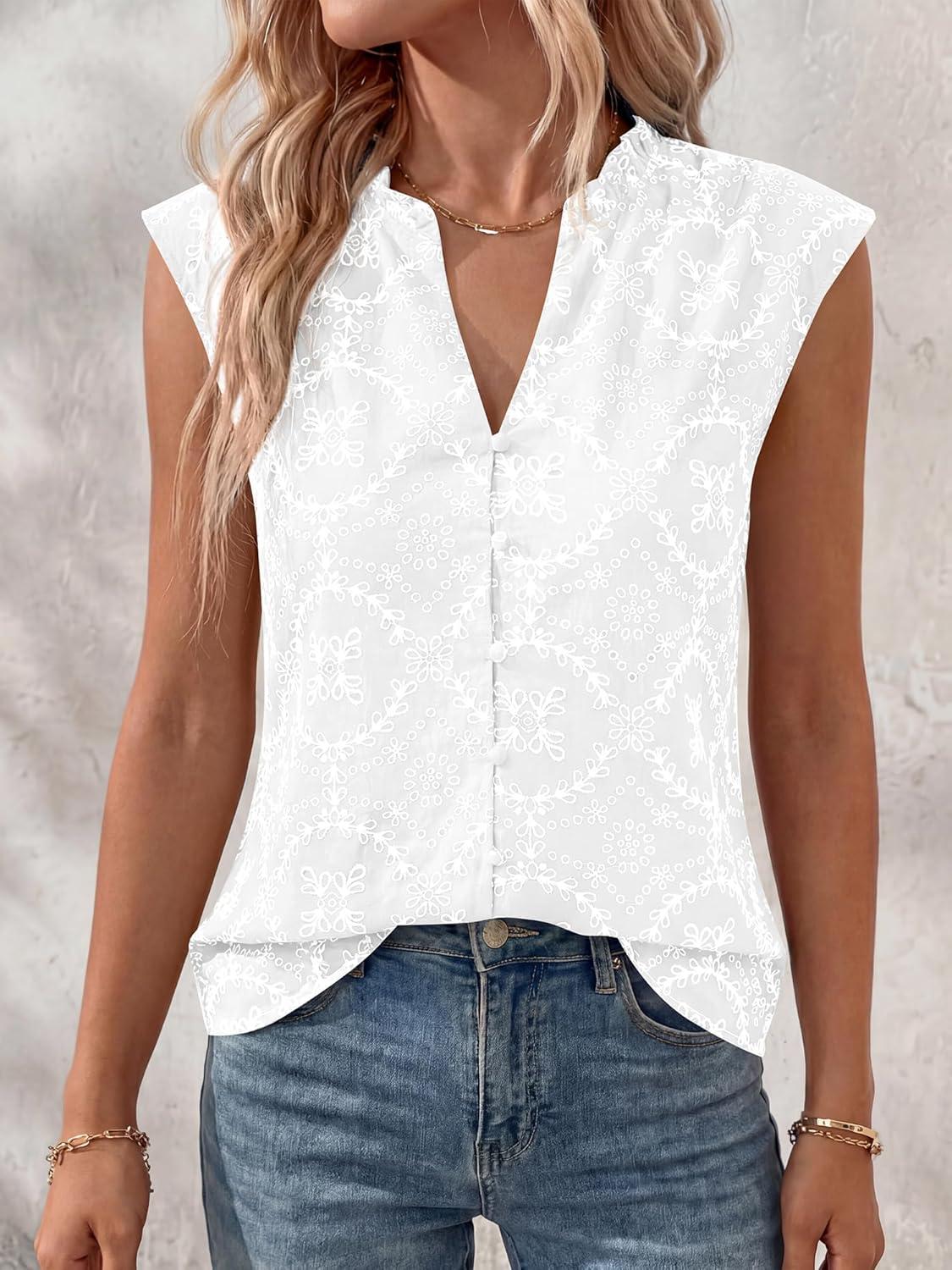 imageBTFBM Womens Summer Tops Dressy Casual 2026 Floral Sleeveless Button Down Shirts Boho Tank Top Beach Vacation ClothesWhite