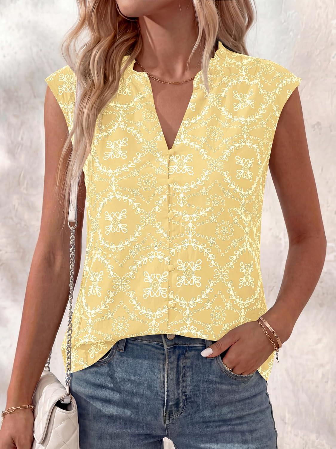 imageBTFBM Womens Summer Tops Dressy Casual 2026 Floral Sleeveless Button Down Shirts Boho Tank Top Beach Vacation ClothesYellow