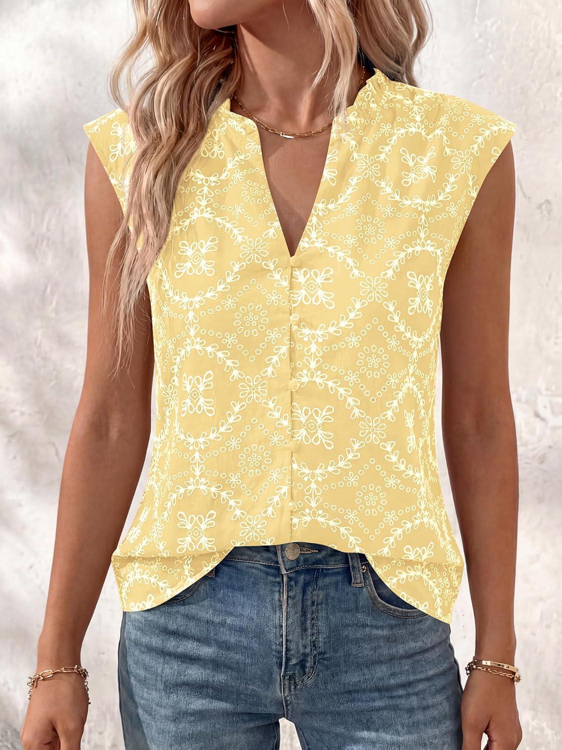 imageBTFBM Womens Summer Tops Dressy Casual 2026 Floral Sleeveless Button Down Shirts Boho Tank Top Beach Vacation ClothesYellow