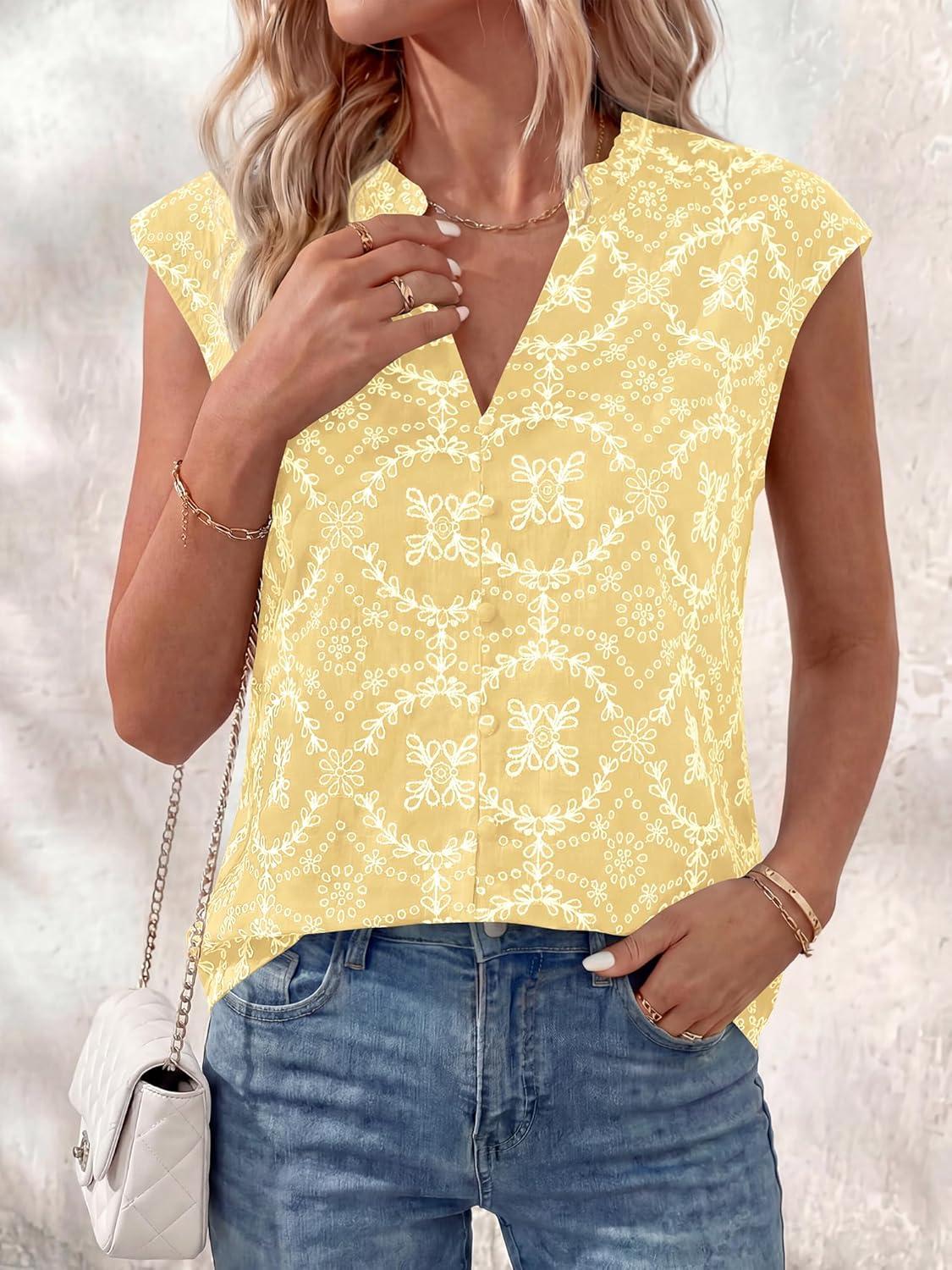 imageBTFBM Womens Summer Tops Dressy Casual 2026 Floral Sleeveless Button Down Shirts Boho Tank Top Beach Vacation ClothesYellow