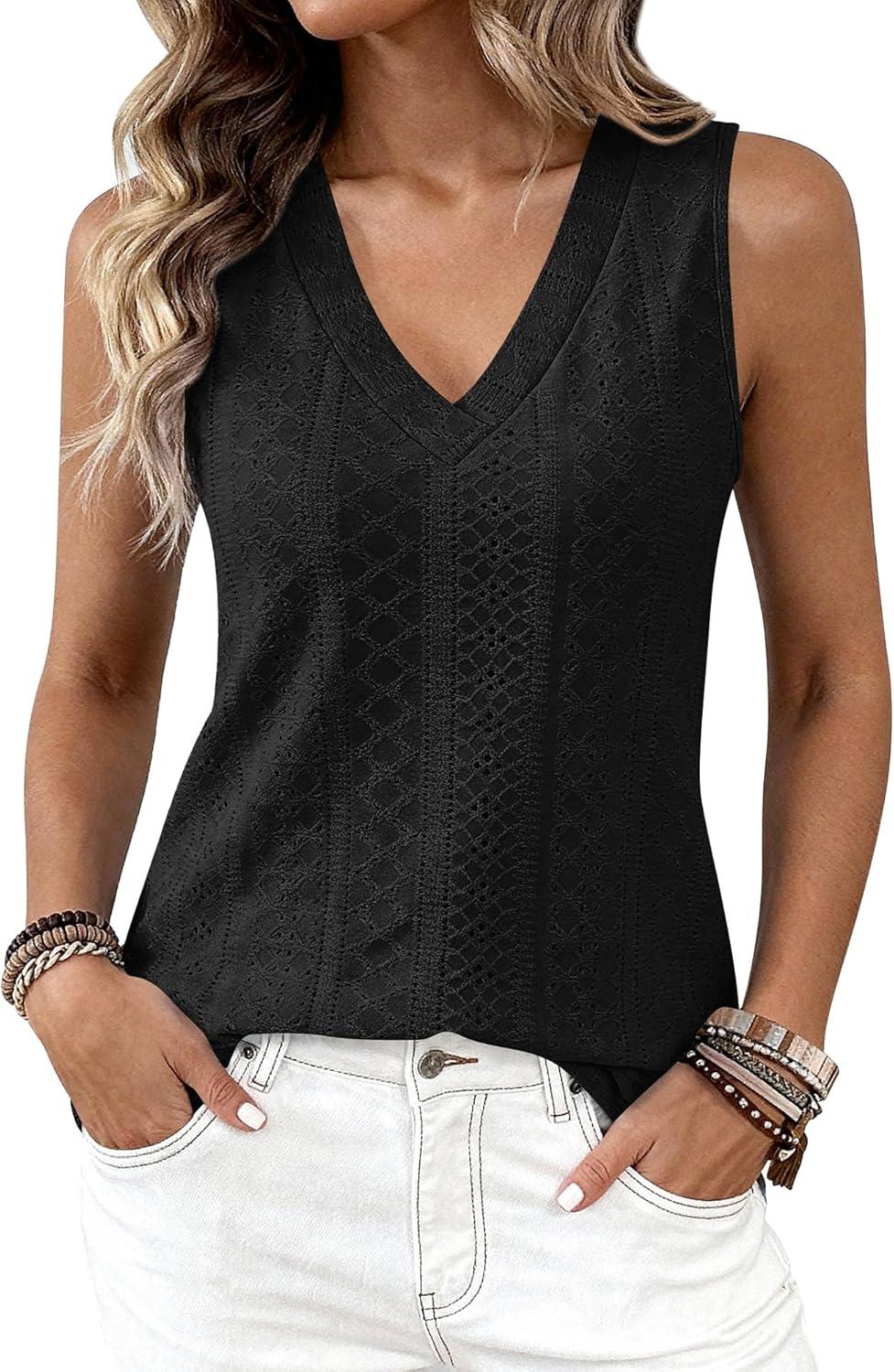 imageBTFBM Womens Tank Tops 2026 Summer Eyelet Crossed V Neck Sleeveless Casual Loose Fit Basic Spring Top Vacation OutfitsBlack