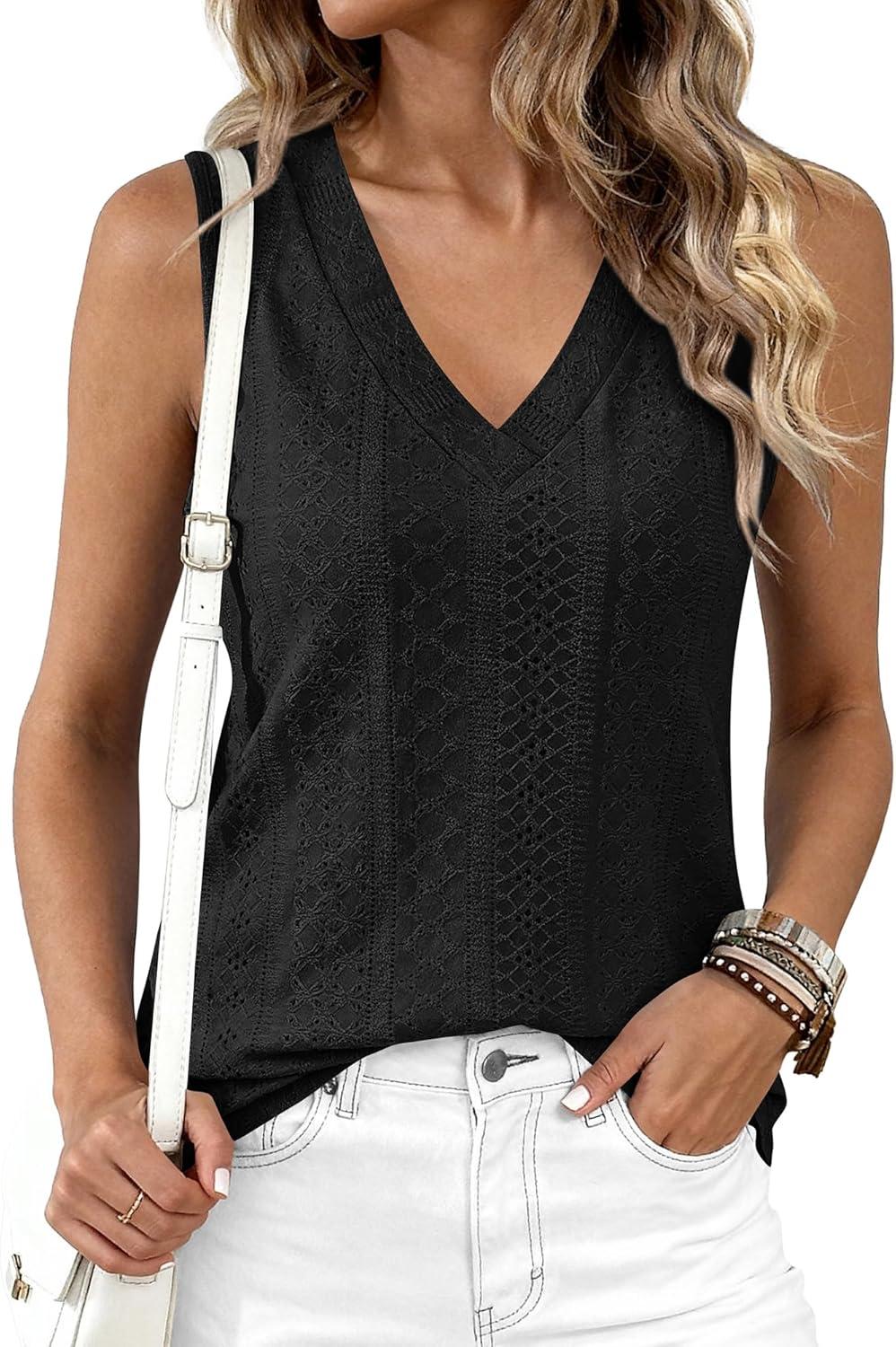 imageBTFBM Womens Tank Tops 2026 Summer Eyelet Crossed V Neck Sleeveless Casual Loose Fit Basic Spring Top Vacation OutfitsBlack
