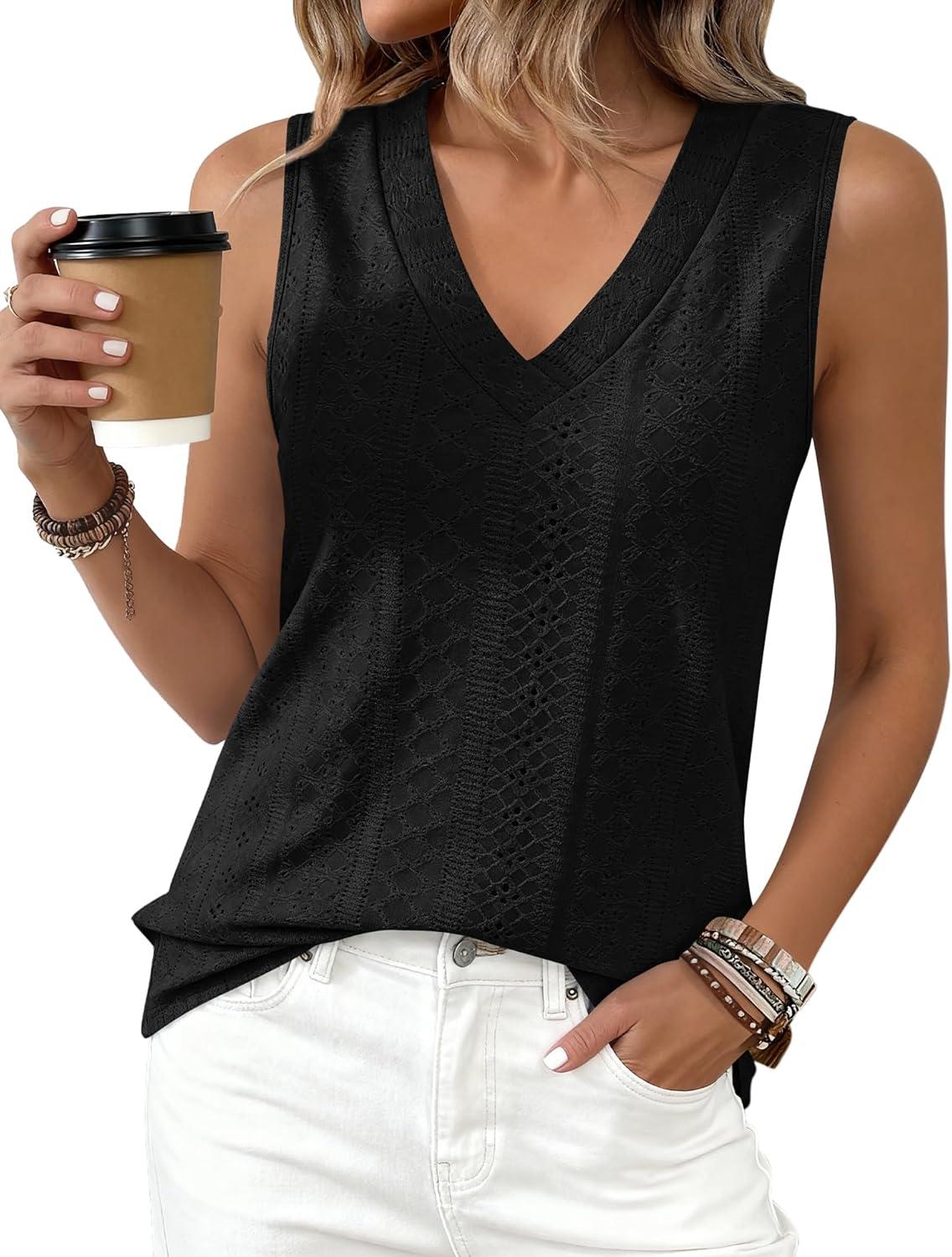 imageBTFBM Womens Tank Tops 2026 Summer Eyelet Crossed V Neck Sleeveless Casual Loose Fit Basic Spring Top Vacation OutfitsBlack