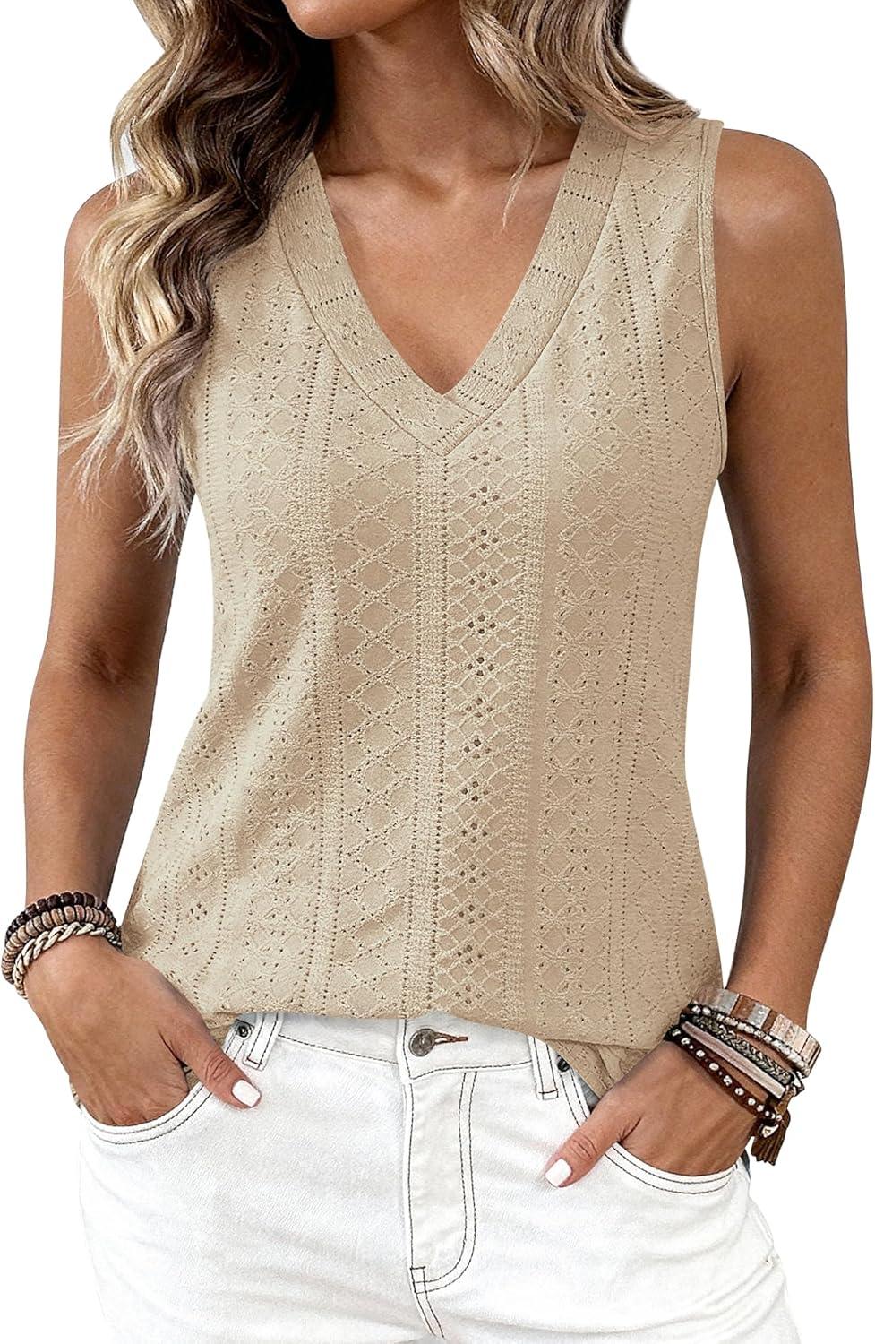 imageBTFBM Womens Tank Tops 2026 Summer Eyelet Crossed V Neck Sleeveless Casual Loose Fit Basic Spring Top Vacation OutfitsLight Khaki