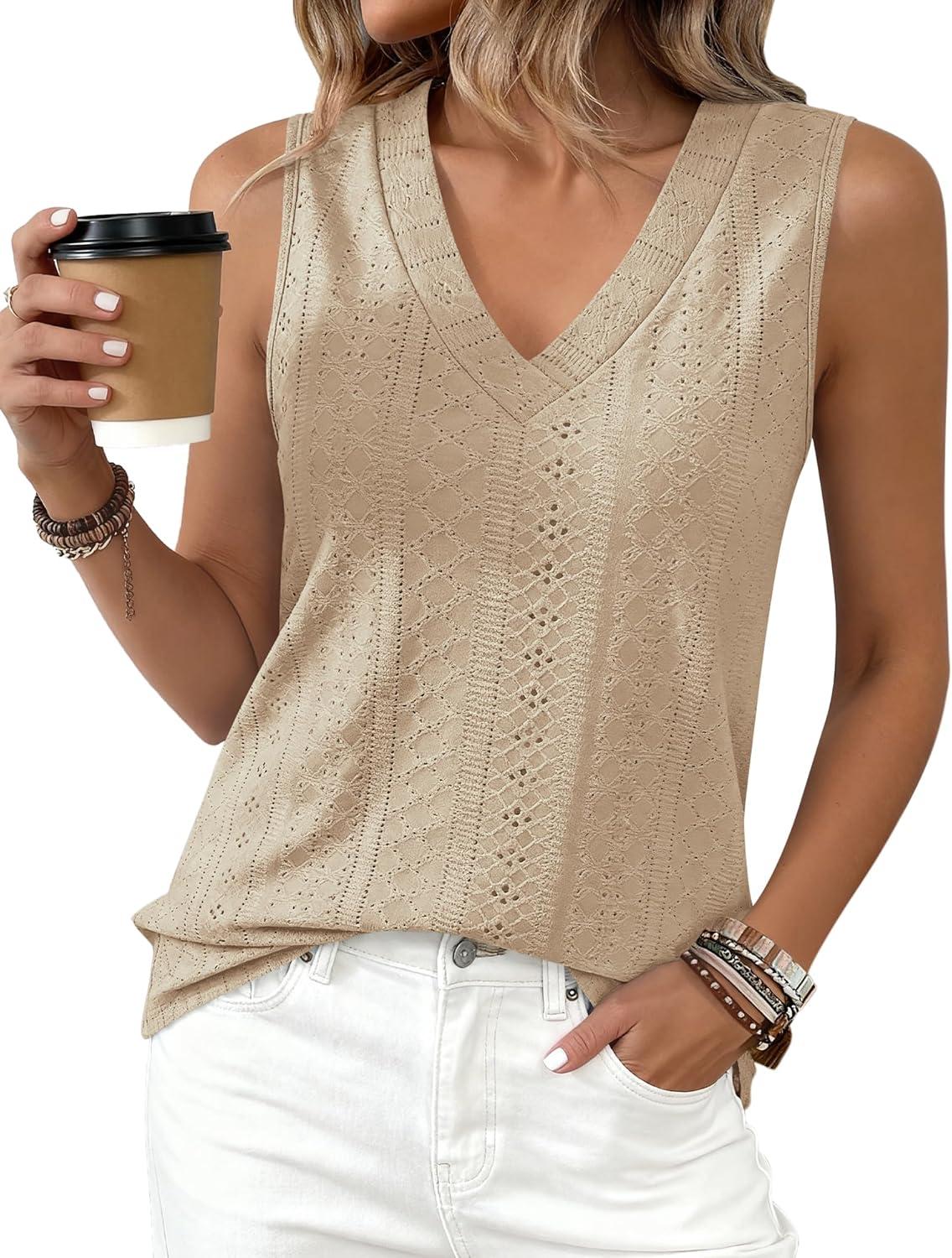imageBTFBM Womens Tank Tops 2026 Summer Eyelet Crossed V Neck Sleeveless Casual Loose Fit Basic Spring Top Vacation OutfitsLight Khaki
