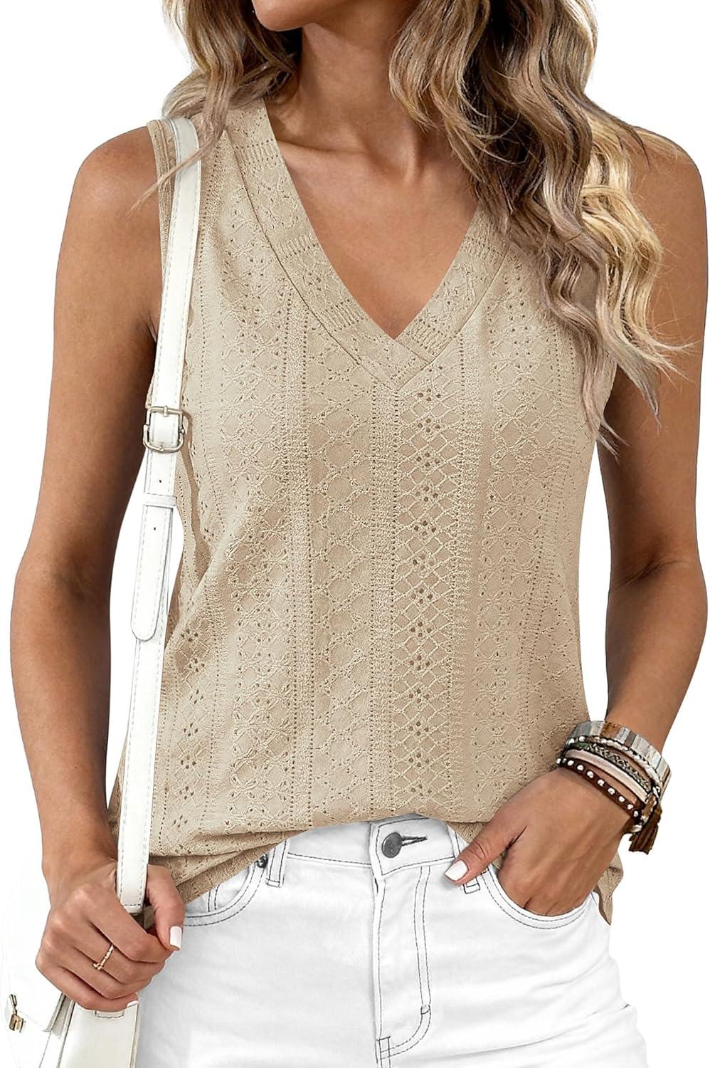 imageBTFBM Womens Tank Tops 2026 Summer Eyelet Crossed V Neck Sleeveless Casual Loose Fit Basic Spring Top Vacation OutfitsLight Khaki