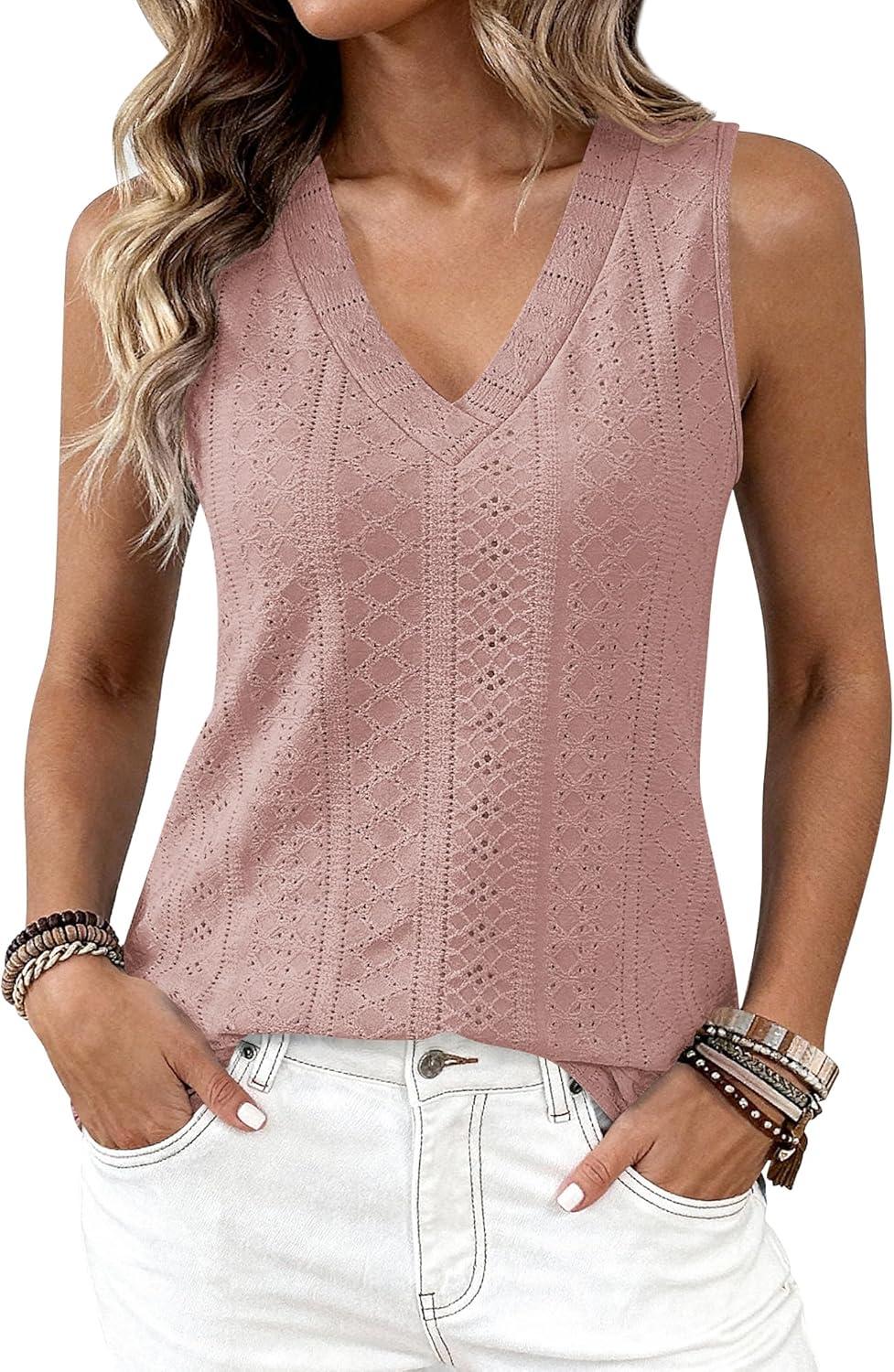 imageBTFBM Womens Tank Tops 2026 Summer Eyelet Crossed V Neck Sleeveless Casual Loose Fit Basic Spring Top Vacation OutfitsPink
