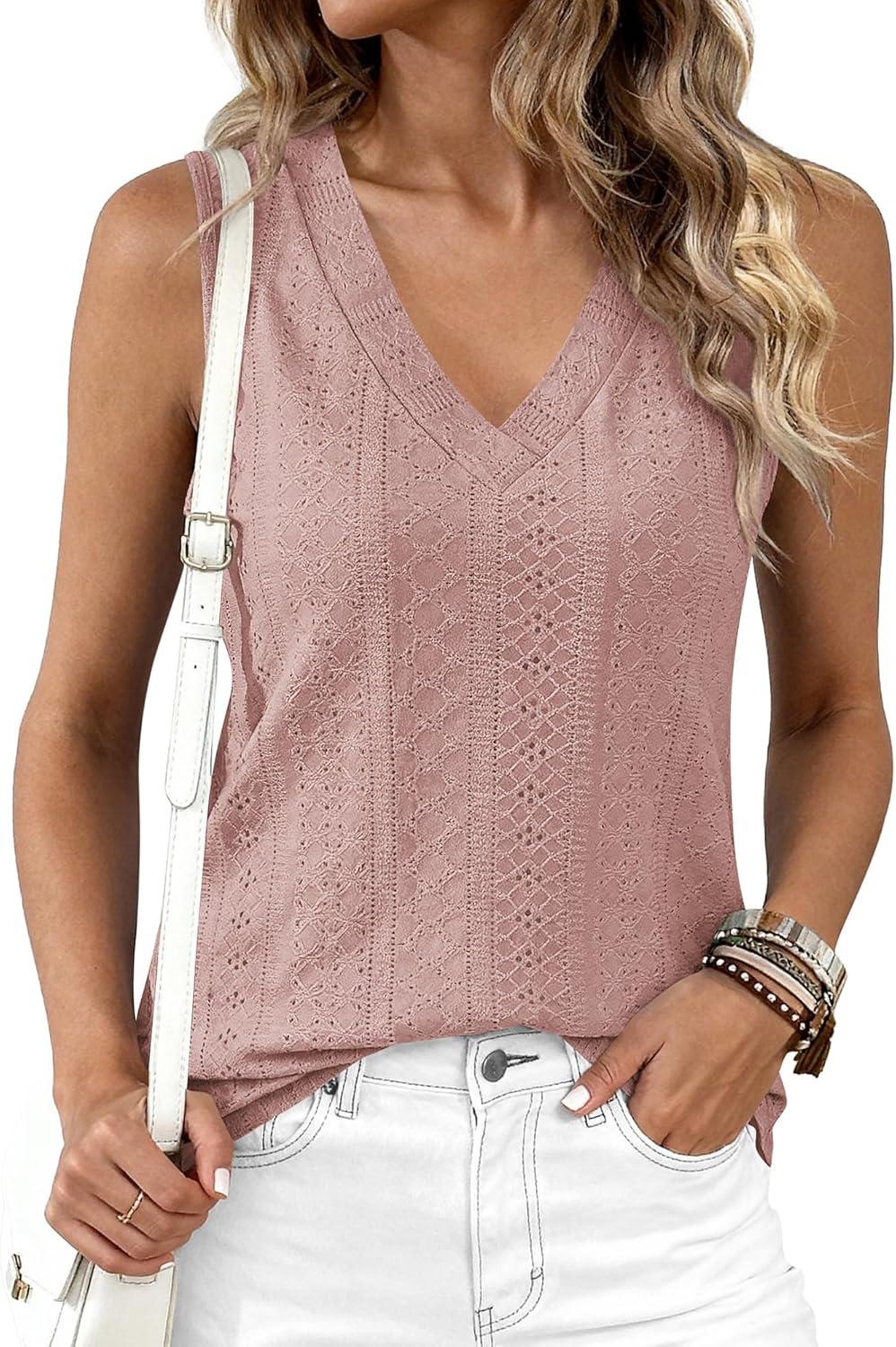 imageBTFBM Womens Tank Tops 2026 Summer Eyelet Crossed V Neck Sleeveless Casual Loose Fit Basic Spring Top Vacation OutfitsPink