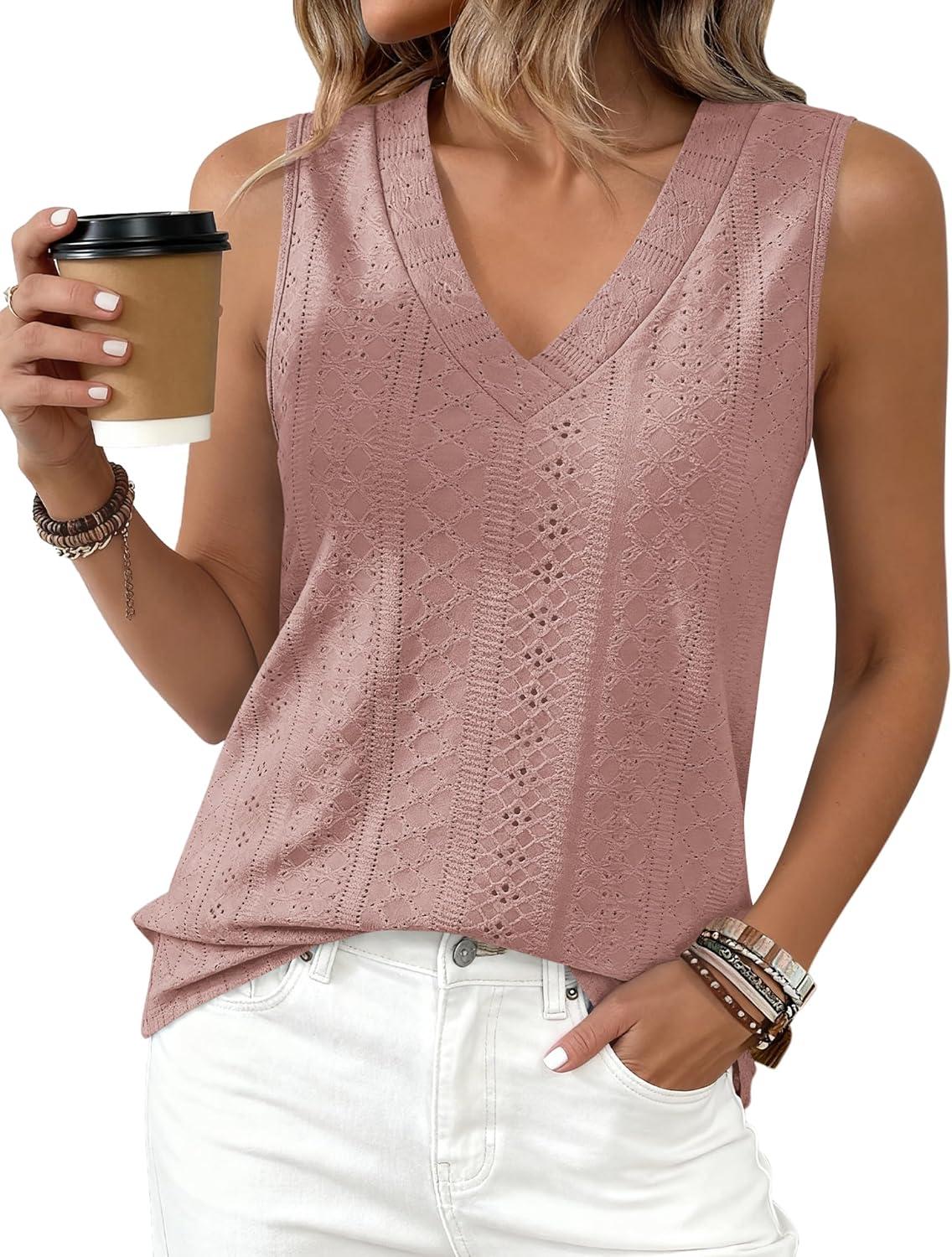 imageBTFBM Womens Tank Tops 2026 Summer Eyelet Crossed V Neck Sleeveless Casual Loose Fit Basic Spring Top Vacation OutfitsPink