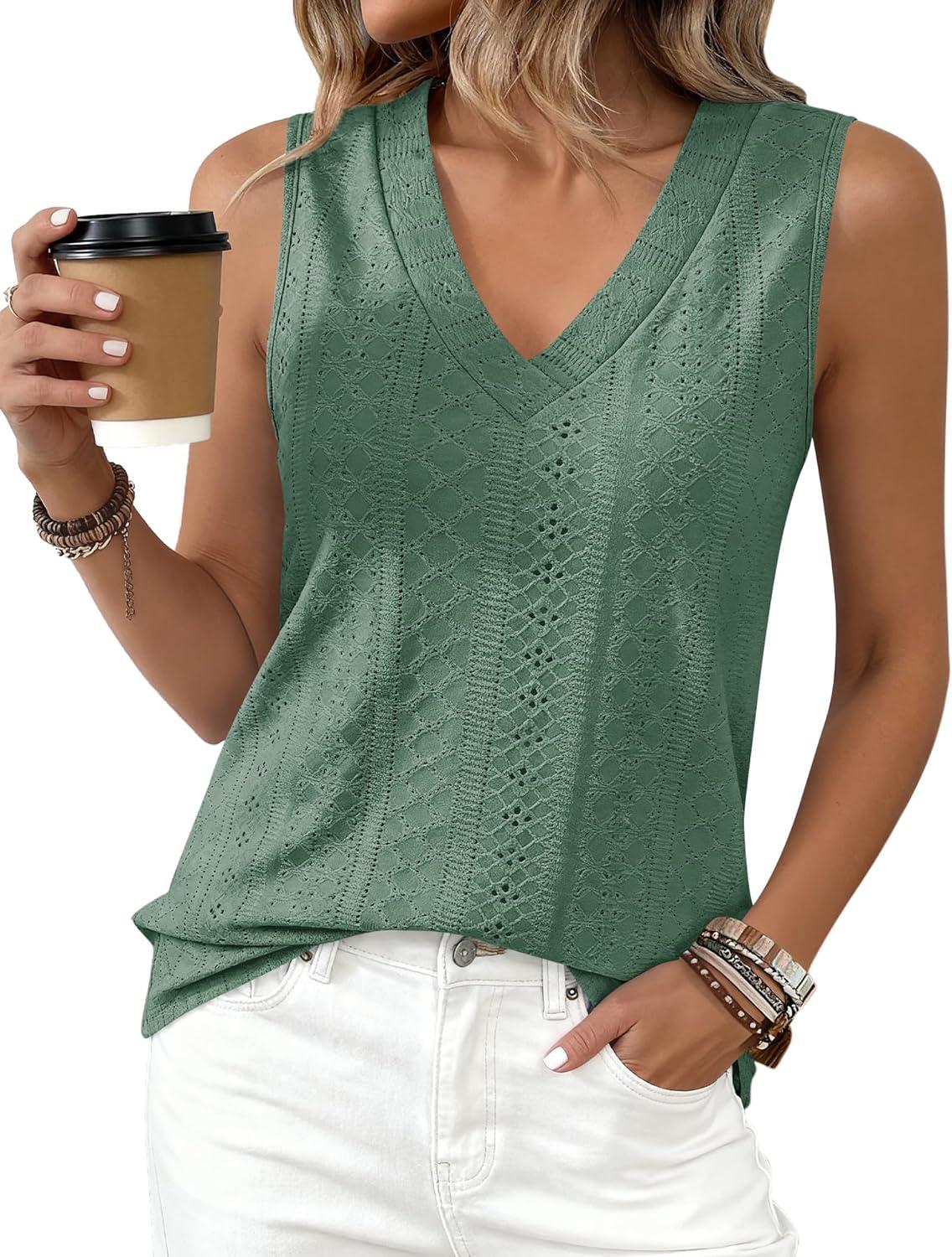 imageBTFBM Womens Tank Tops 2026 Summer Eyelet Crossed V Neck Sleeveless Casual Loose Fit Basic Spring Top Vacation OutfitsSage Green
