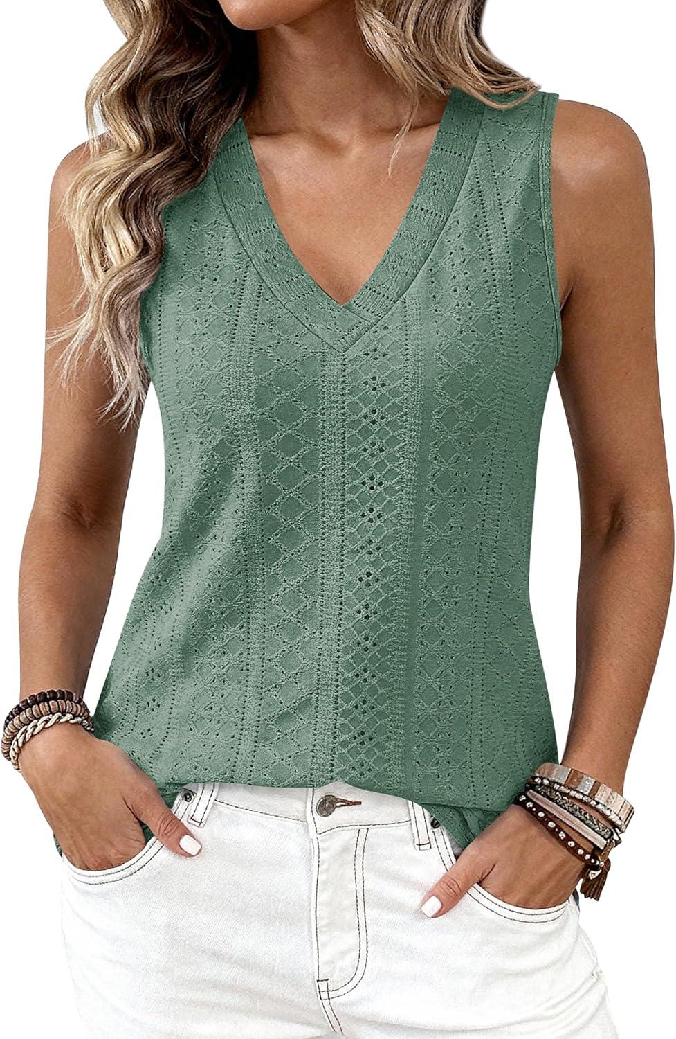 imageBTFBM Womens Tank Tops 2026 Summer Eyelet Crossed V Neck Sleeveless Casual Loose Fit Basic Spring Top Vacation OutfitsSage Green
