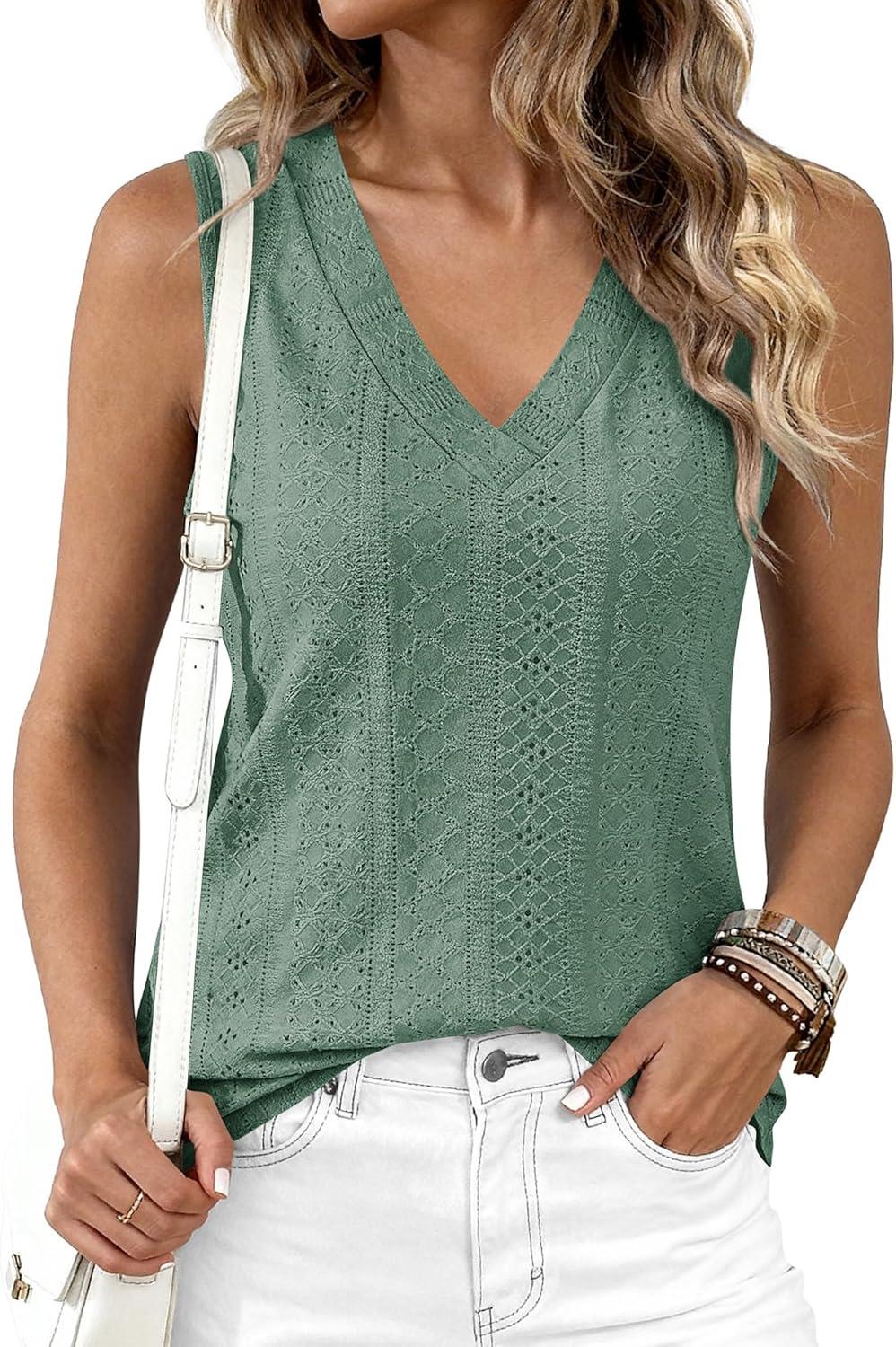 imageBTFBM Womens Tank Tops 2026 Summer Eyelet Crossed V Neck Sleeveless Casual Loose Fit Basic Spring Top Vacation OutfitsSage Green
