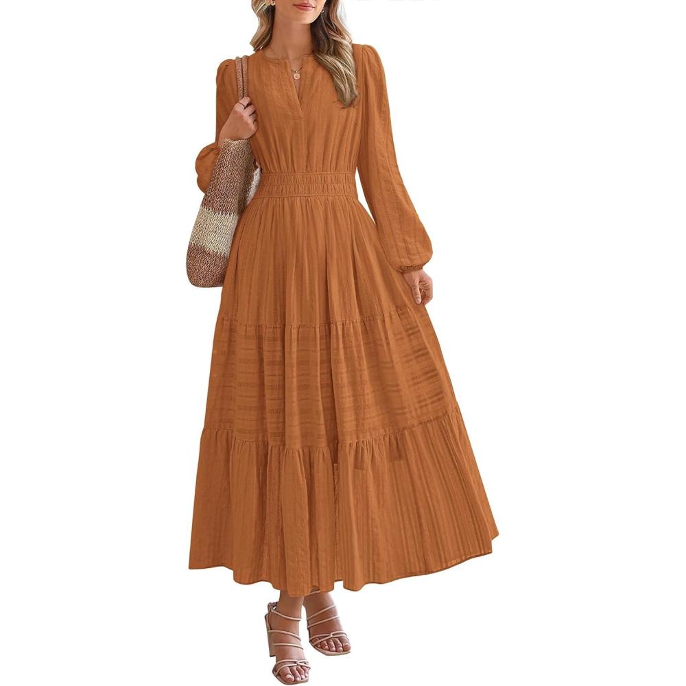 imageBTFBM Spring Dresses for Women 2026 Casual Long Sleeve V Neck Elastic Waist Lightweight Maxi Wedding Guest Dress PocketsBrown Orange