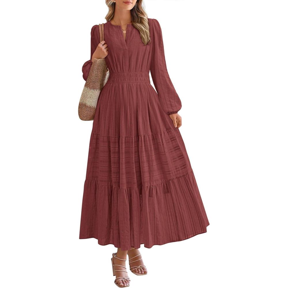 imageBTFBM Spring Dresses for Women 2026 Casual Long Sleeve V Neck Elastic Waist Lightweight Maxi Wedding Guest Dress PocketsBrown Red