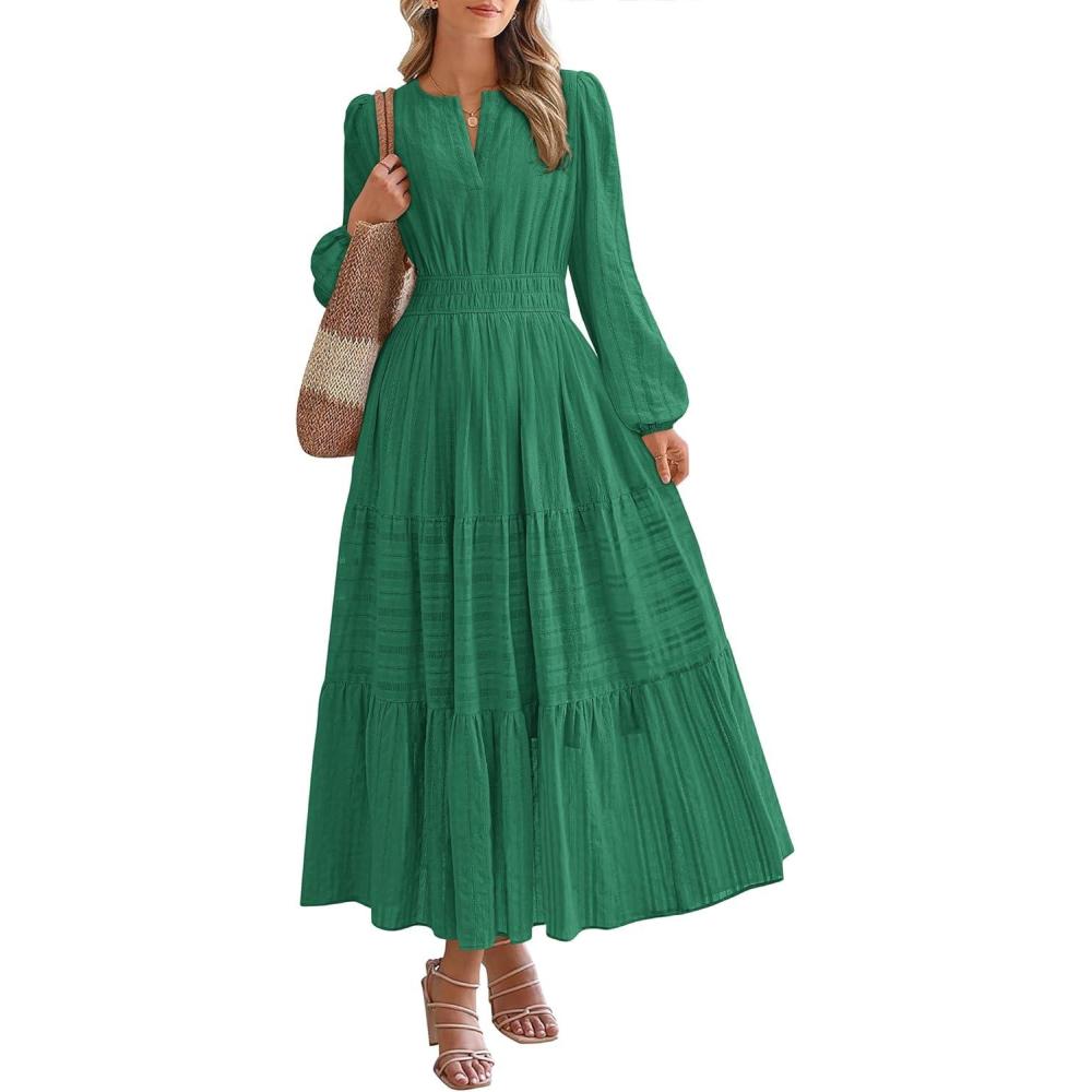 imageBTFBM Spring Dresses for Women 2026 Casual Long Sleeve V Neck Elastic Waist Lightweight Maxi Wedding Guest Dress PocketsDark Green