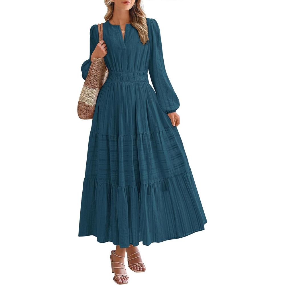 imageBTFBM Spring Dresses for Women 2026 Casual Long Sleeve V Neck Elastic Waist Lightweight Maxi Wedding Guest Dress PocketsLake Blue