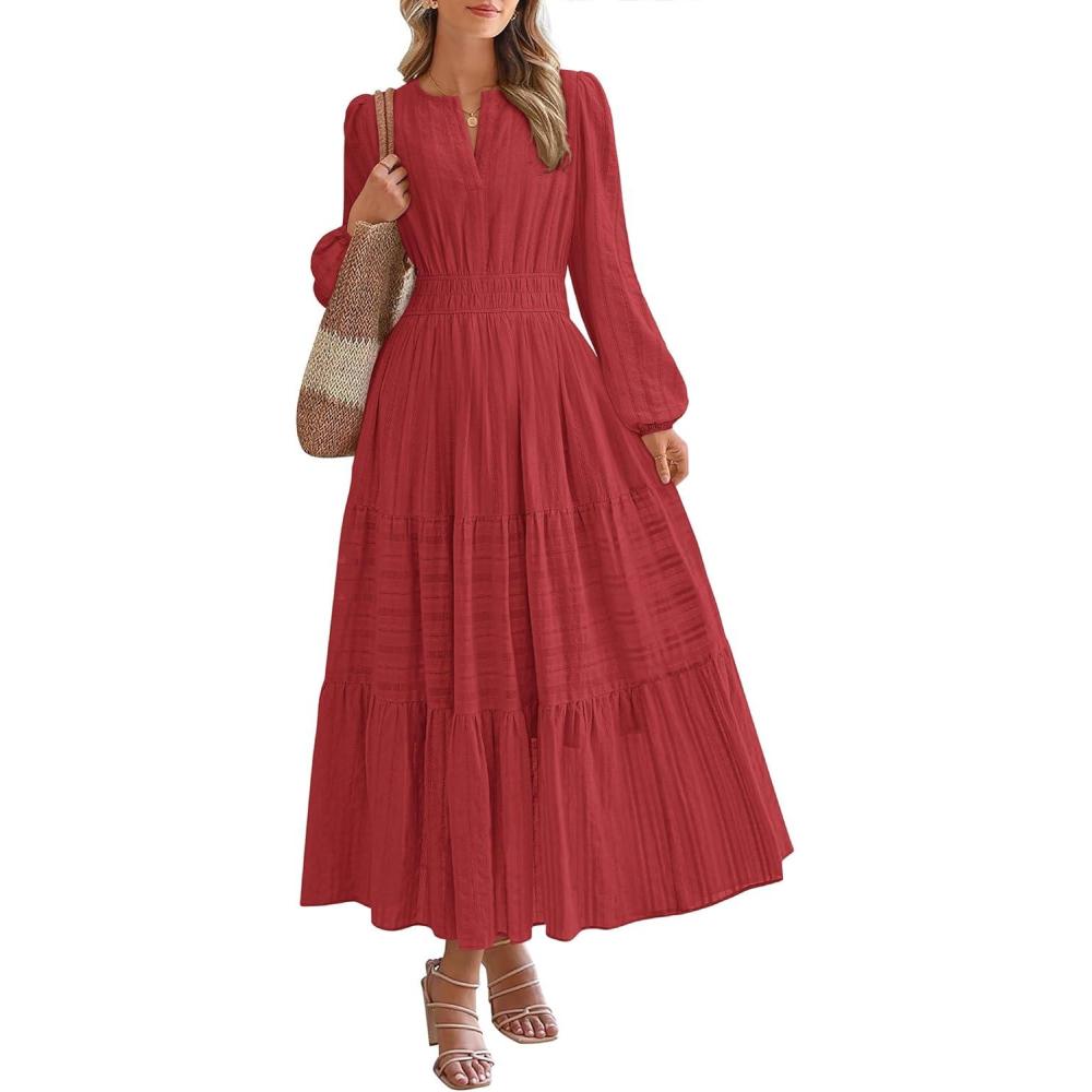 imageBTFBM Spring Dresses for Women 2026 Casual Long Sleeve V Neck Elastic Waist Lightweight Maxi Wedding Guest Dress PocketsRed