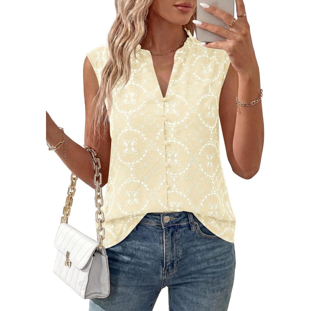 imageBTFBM Womens Summer Tops Dressy Casual 2026 Floral Sleeveless Button Down Shirts Boho Tank Top Beach Vacation ClothesBeige