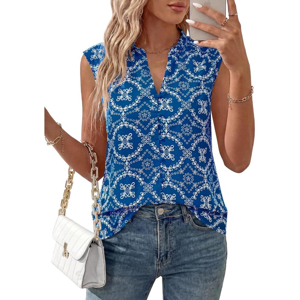 imageBTFBM Womens Summer Tops Dressy Casual 2026 Floral Sleeveless Button Down Shirts Boho Tank Top Beach Vacation ClothesBlue