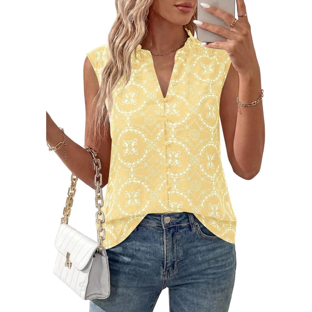 imageBTFBM Womens Summer Tops Dressy Casual 2026 Floral Sleeveless Button Down Shirts Boho Tank Top Beach Vacation ClothesYellow
