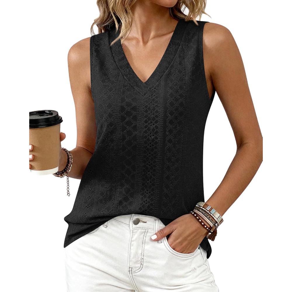 imageBTFBM Womens Tank Tops 2026 Summer Eyelet Crossed V Neck Sleeveless Casual Loose Fit Basic Spring Top Vacation OutfitsBlack