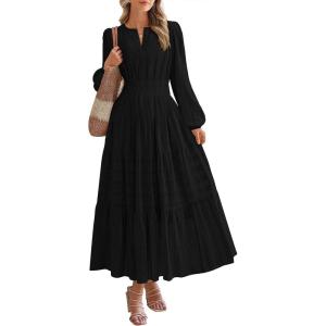BTFBM Spring Dresses for Women 2026 Casual Long Sleeve V Neck Elastic Waist Lightweight Maxi Wedding Guest Dress Pockets(Black)