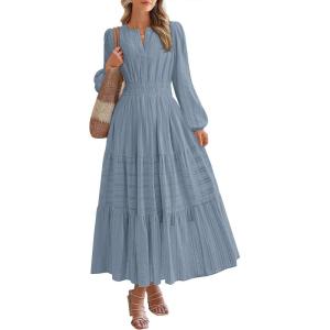 BTFBM Spring Dresses for Women 2026 Casual Long Sleeve V Neck Elastic Waist Lightweight Maxi Wedding Guest Dress Pockets(Blue Grey)