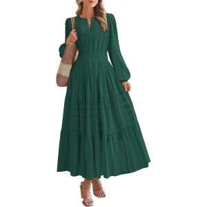 BTFBM Spring Dresses for Women 2026 Casual Long Sleeve V Neck Elastic Waist Lightweight Maxi Wedding Guest Dress Pockets(Hunter Green)