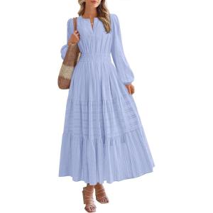 BTFBM Spring Dresses for Women 2026 Casual Long Sleeve V Neck Elastic Waist Lightweight Maxi Wedding Guest Dress Pockets(Light Blue)