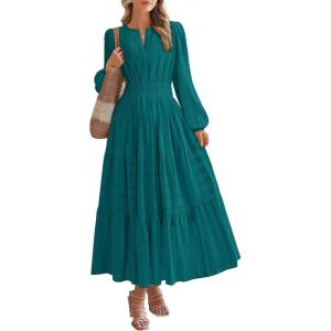 BTFBM Spring Dresses for Women 2026 Casual Long Sleeve V Neck Elastic Waist Lightweight Maxi Wedding Guest Dress Pockets(Malachite Green)