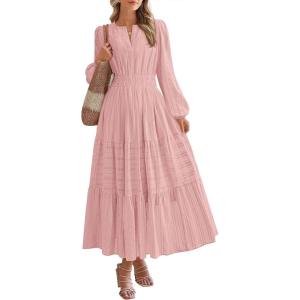 BTFBM Spring Dresses for Women 2026 Casual Long Sleeve V Neck Elastic Waist Lightweight Maxi Wedding Guest Dress Pockets(Pink)