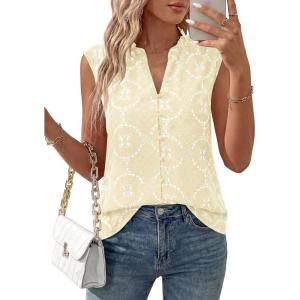 BTFBM Womens Summer Tops Dressy Casual 2026 Floral Sleeveless Button Down Shirts Boho Tank Top Beach Vacation Clothes(Beige)