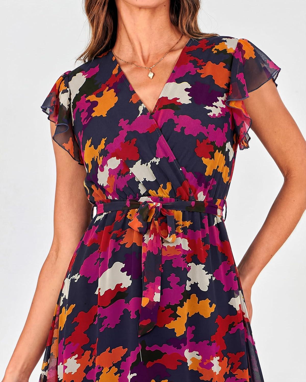 imageBTFBM Women Summer Bohemian Floral Casual Wrap V Neck Ruffle Cap Sleeveless Belt ALine Pleated Hem Midi Sun Dress WhiteBlue Orange Flower