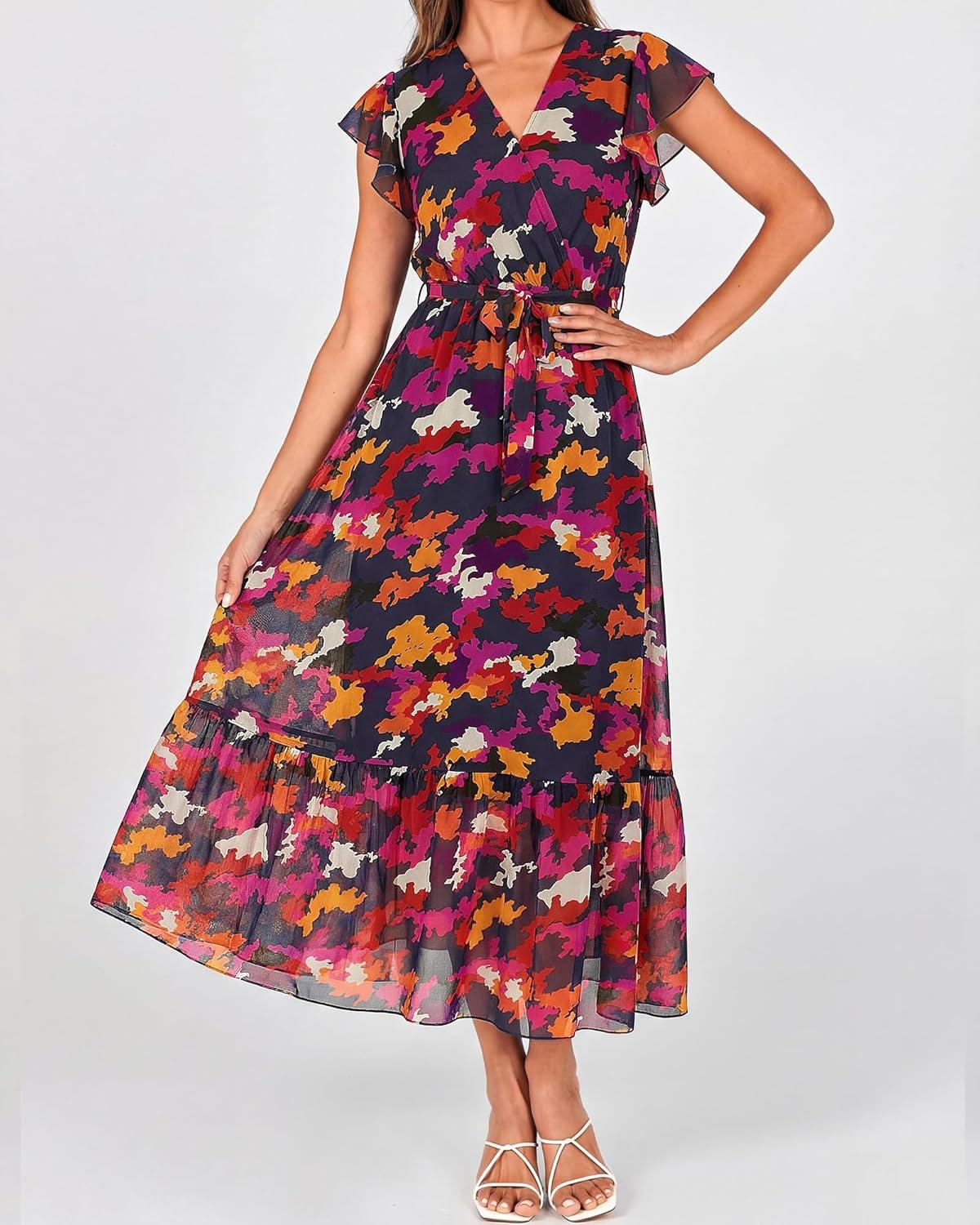imageBTFBM Women Summer Bohemian Floral Casual Wrap V Neck Ruffle Cap Sleeveless Belt ALine Pleated Hem Midi Sun Dress WhiteBlue Orange Flower