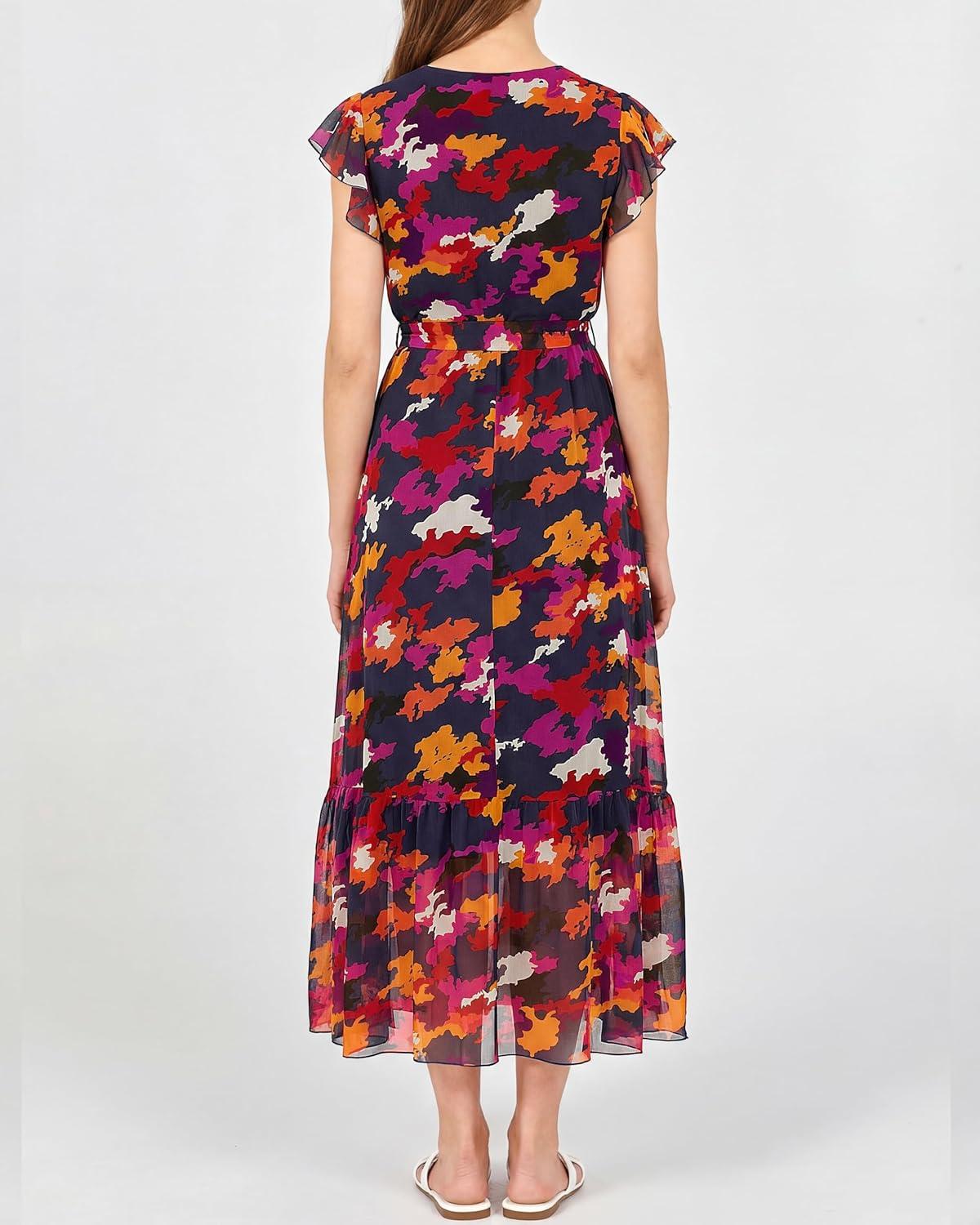 imageBTFBM Women Summer Bohemian Floral Casual Wrap V Neck Ruffle Cap Sleeveless Belt ALine Pleated Hem Midi Sun Dress WhiteBlue Orange Flower