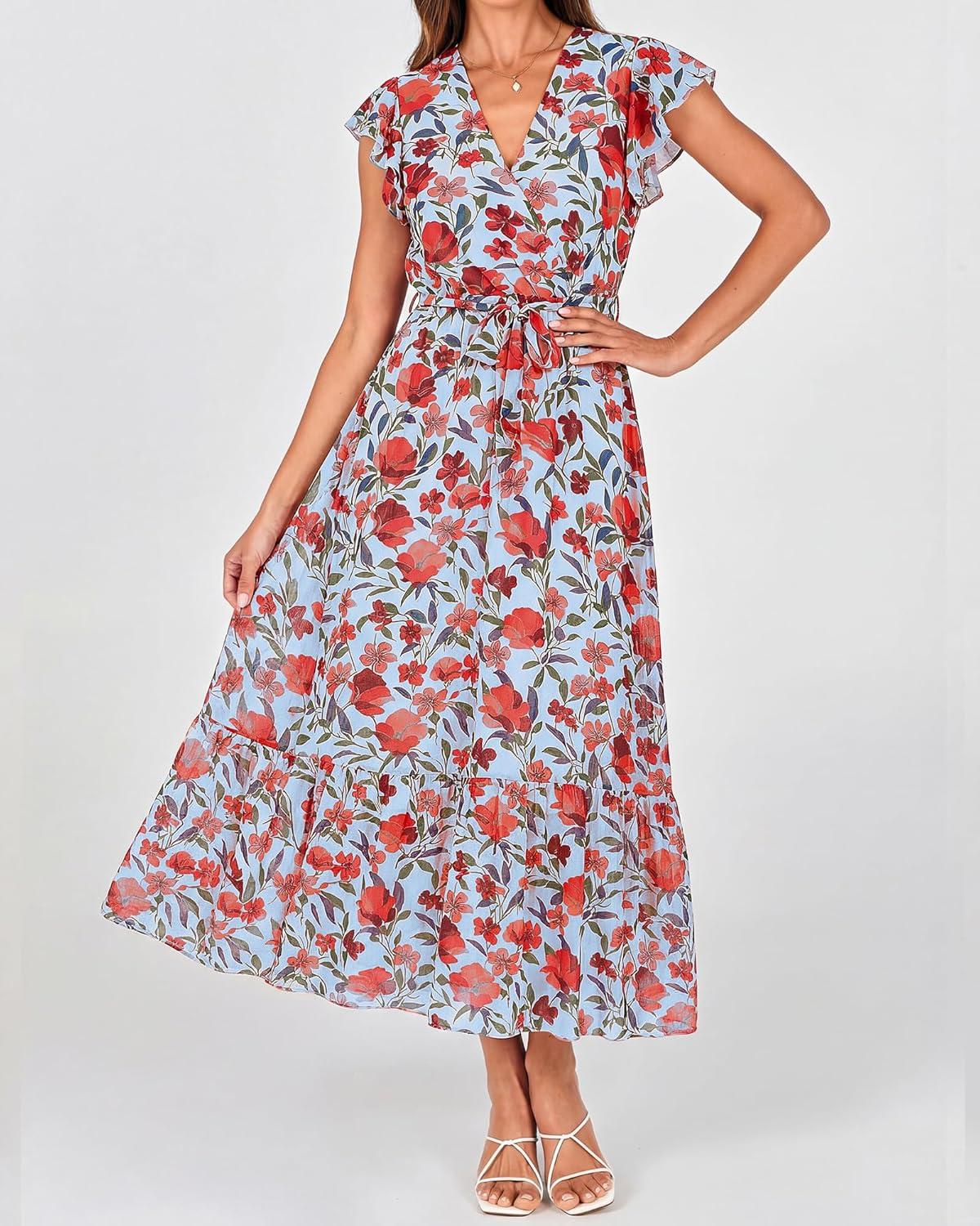 imageBTFBM Women Summer Bohemian Floral Casual Wrap V Neck Ruffle Cap Sleeveless Belt ALine Pleated Hem Midi Sun Dress WhiteBlue Red Flower
