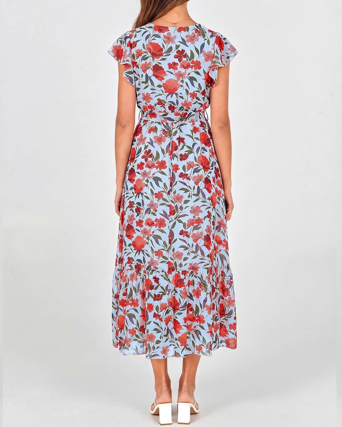 imageBTFBM Women Summer Bohemian Floral Casual Wrap V Neck Ruffle Cap Sleeveless Belt ALine Pleated Hem Midi Sun Dress WhiteBlue Red Flower