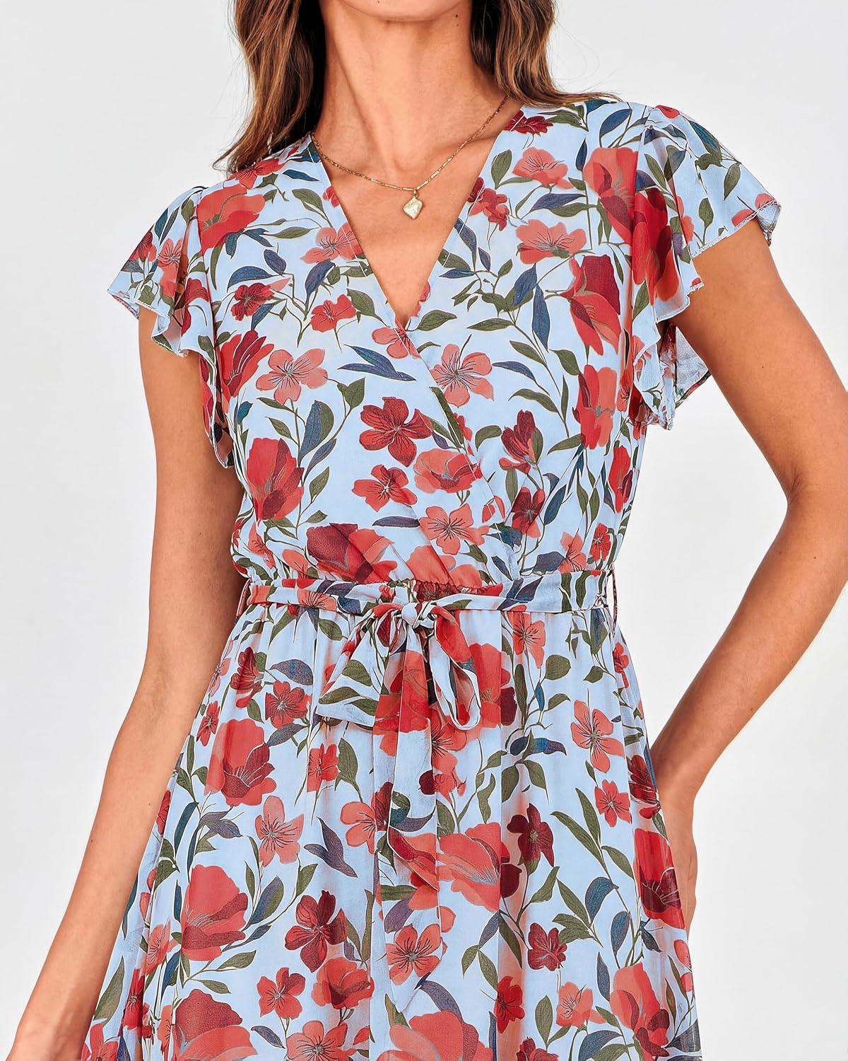imageBTFBM Women Summer Bohemian Floral Casual Wrap V Neck Ruffle Cap Sleeveless Belt ALine Pleated Hem Midi Sun Dress WhiteBlue Red Flower