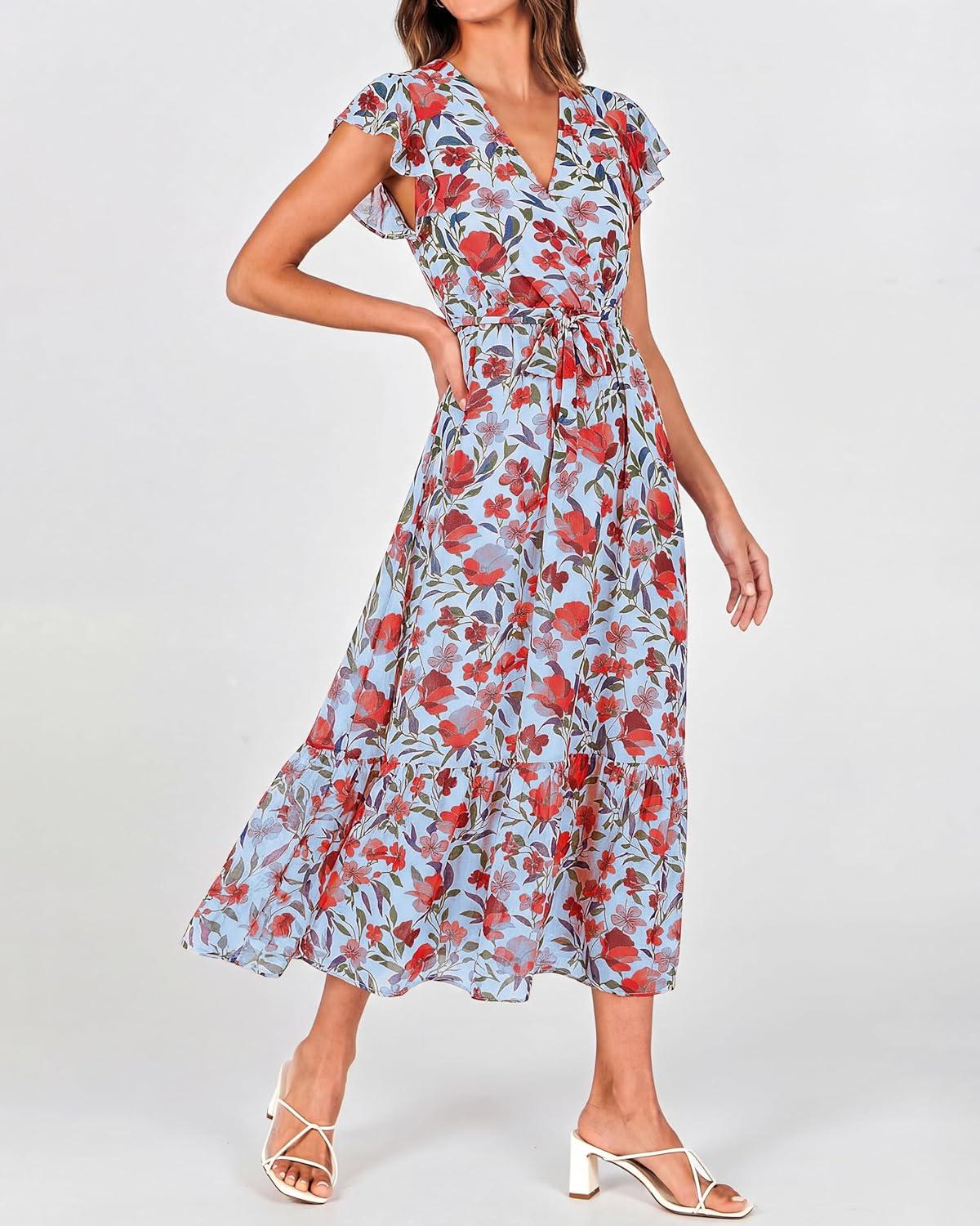 imageBTFBM Women Summer Bohemian Floral Casual Wrap V Neck Ruffle Cap Sleeveless Belt ALine Pleated Hem Midi Sun Dress WhiteBlue Red Flower