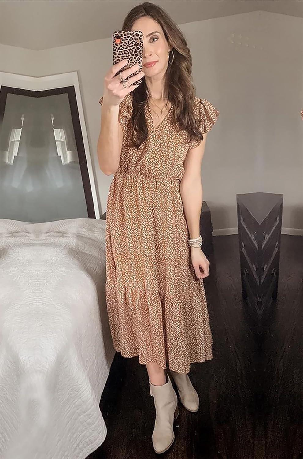 imageBTFBM Women Summer Bohemian Floral Casual Wrap V Neck Ruffle Cap Sleeveless Belt ALine Pleated Hem Midi Sun Dress WhiteCoffeeWhiteBrown
