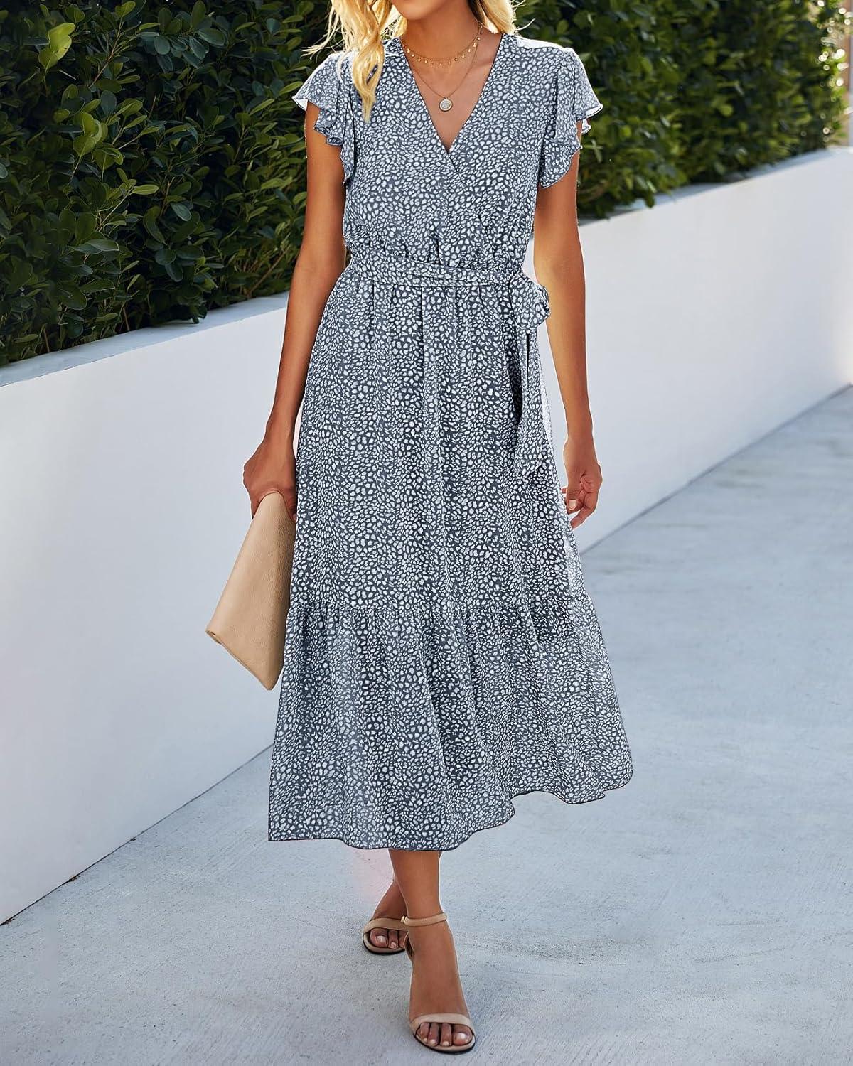 imageBTFBM Women Summer Bohemian Floral Casual Wrap V Neck Ruffle Cap Sleeveless Belt ALine Pleated Hem Midi Sun Dress WhiteDark Blue